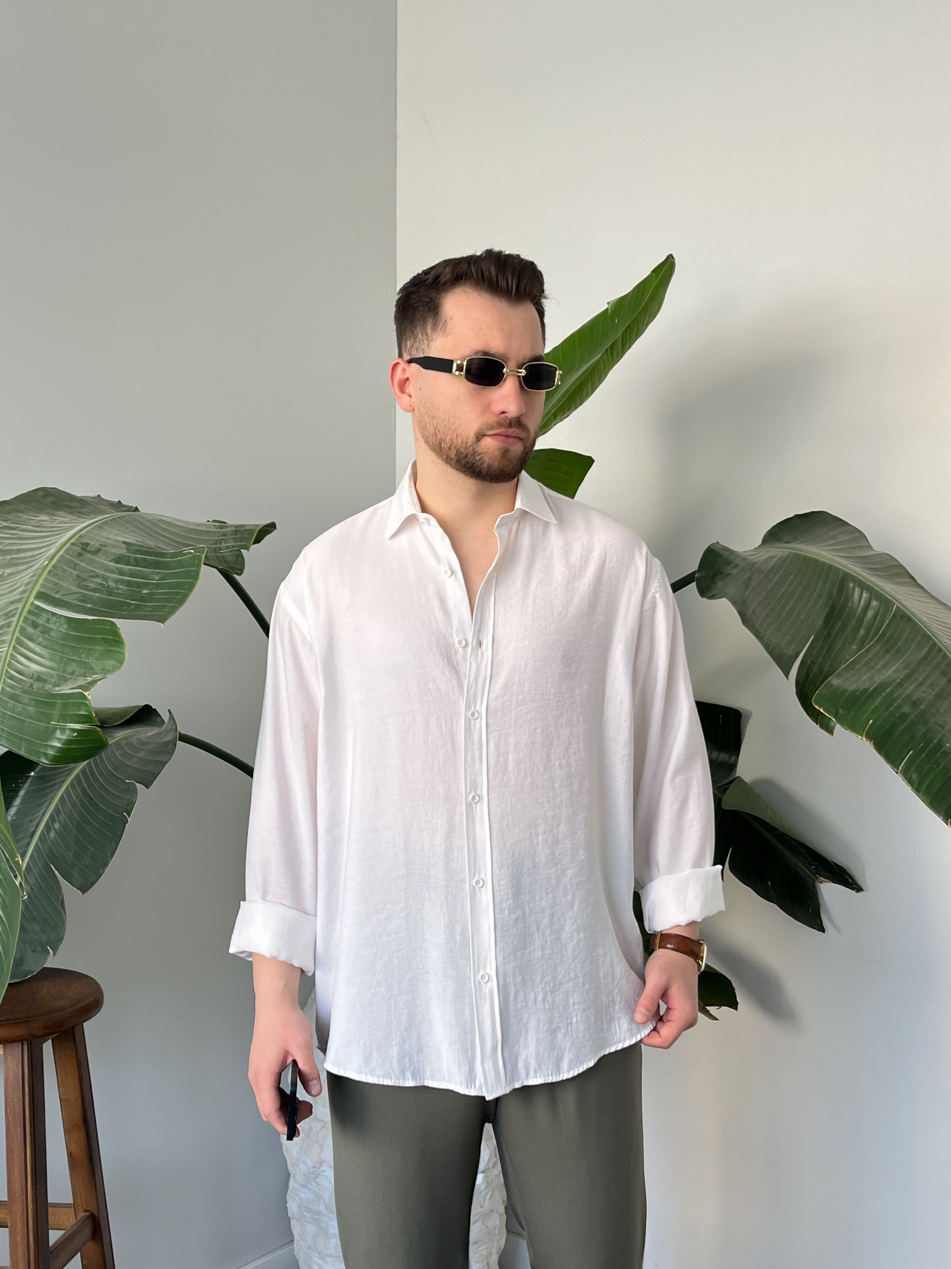 Beyaz Yıkamalı Tensel Oversize Gömlek