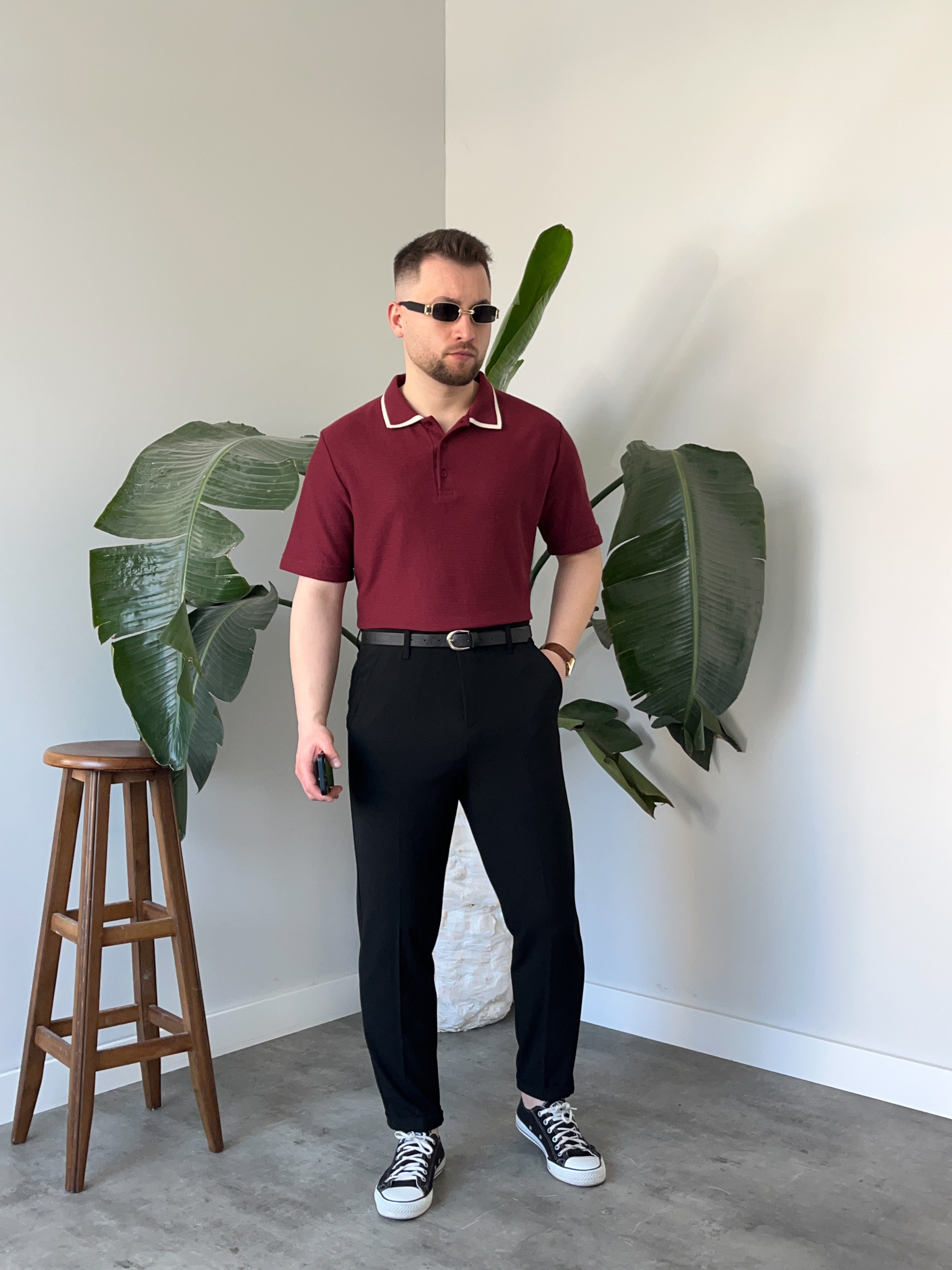 Bordo Çizgi Detay Polo Yaka Triko T-shirt