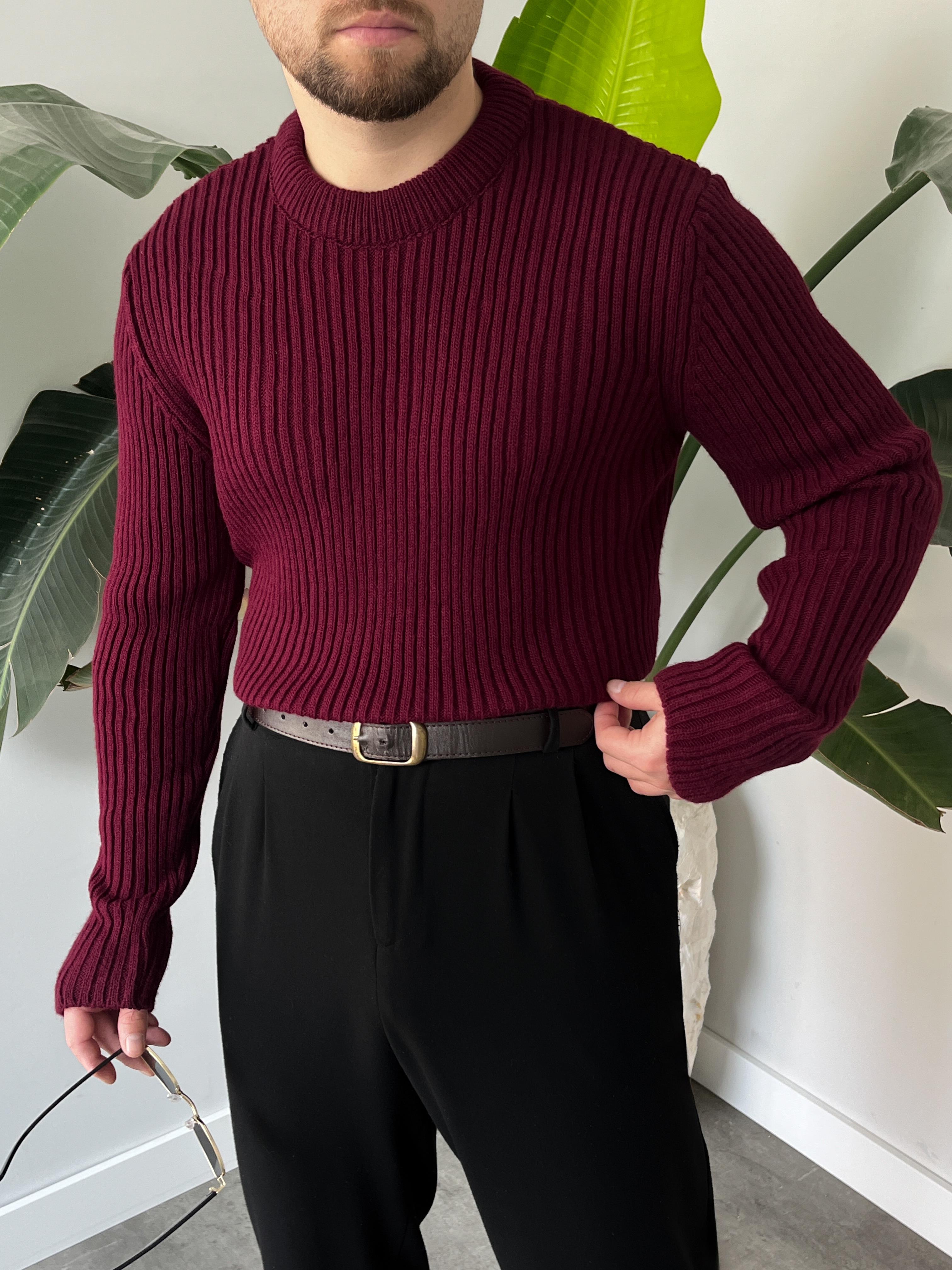 Bordo Fitilli Bisiklet Yaka Regular Triko Kazak