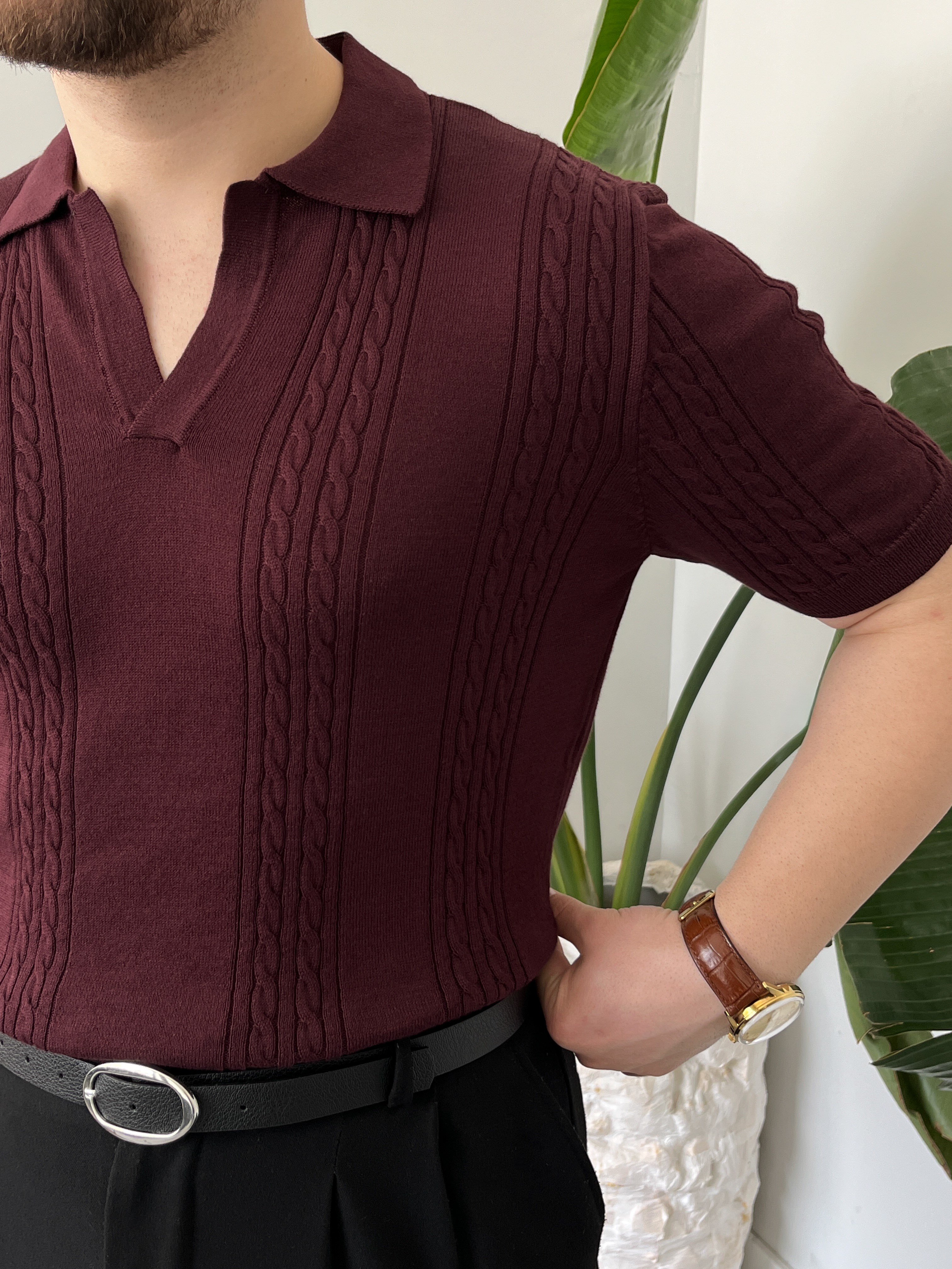 Bordo Örgü Desen Triko T-shirt