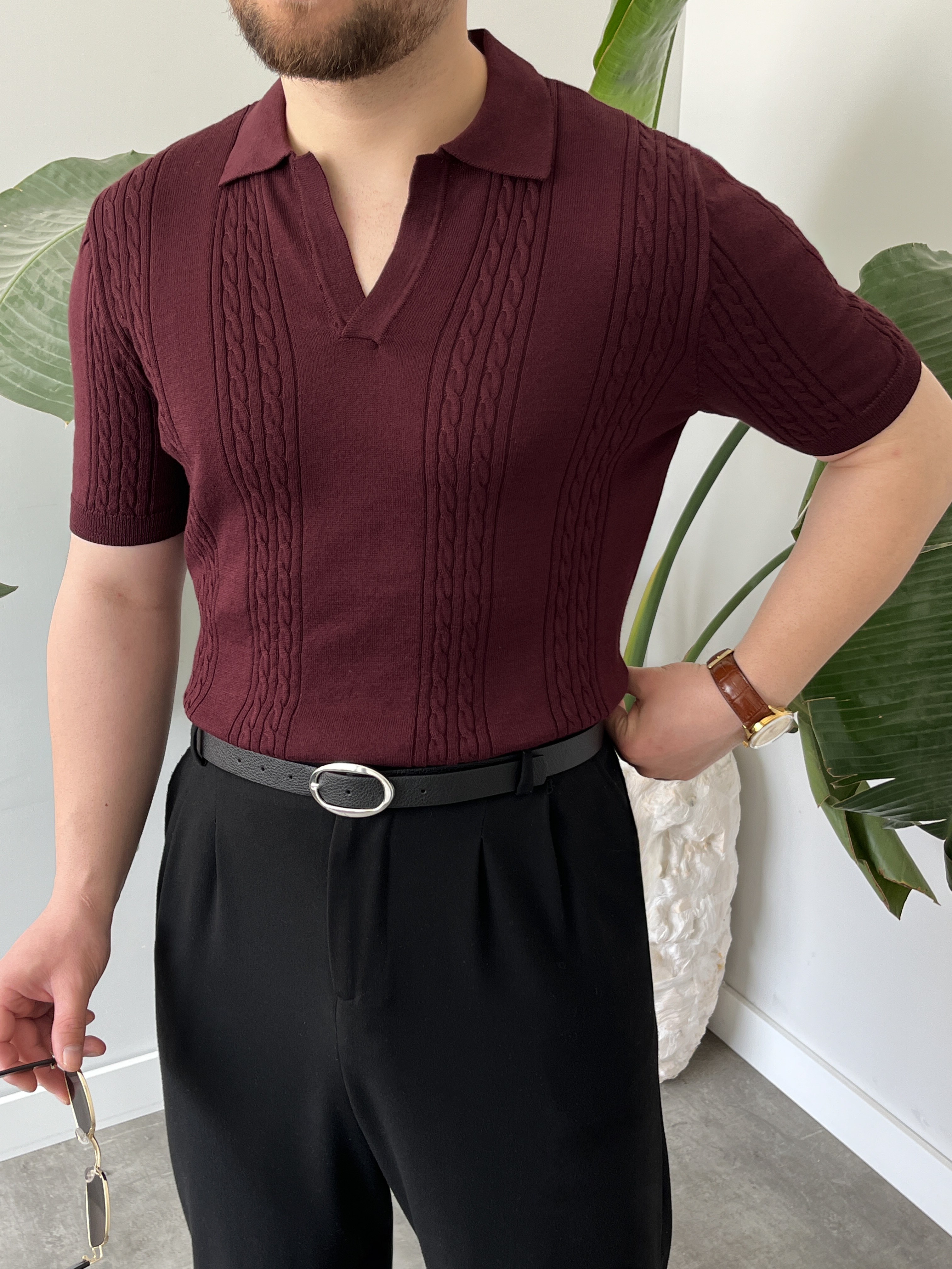 Bordo Örgü Desen Triko T-shirt
