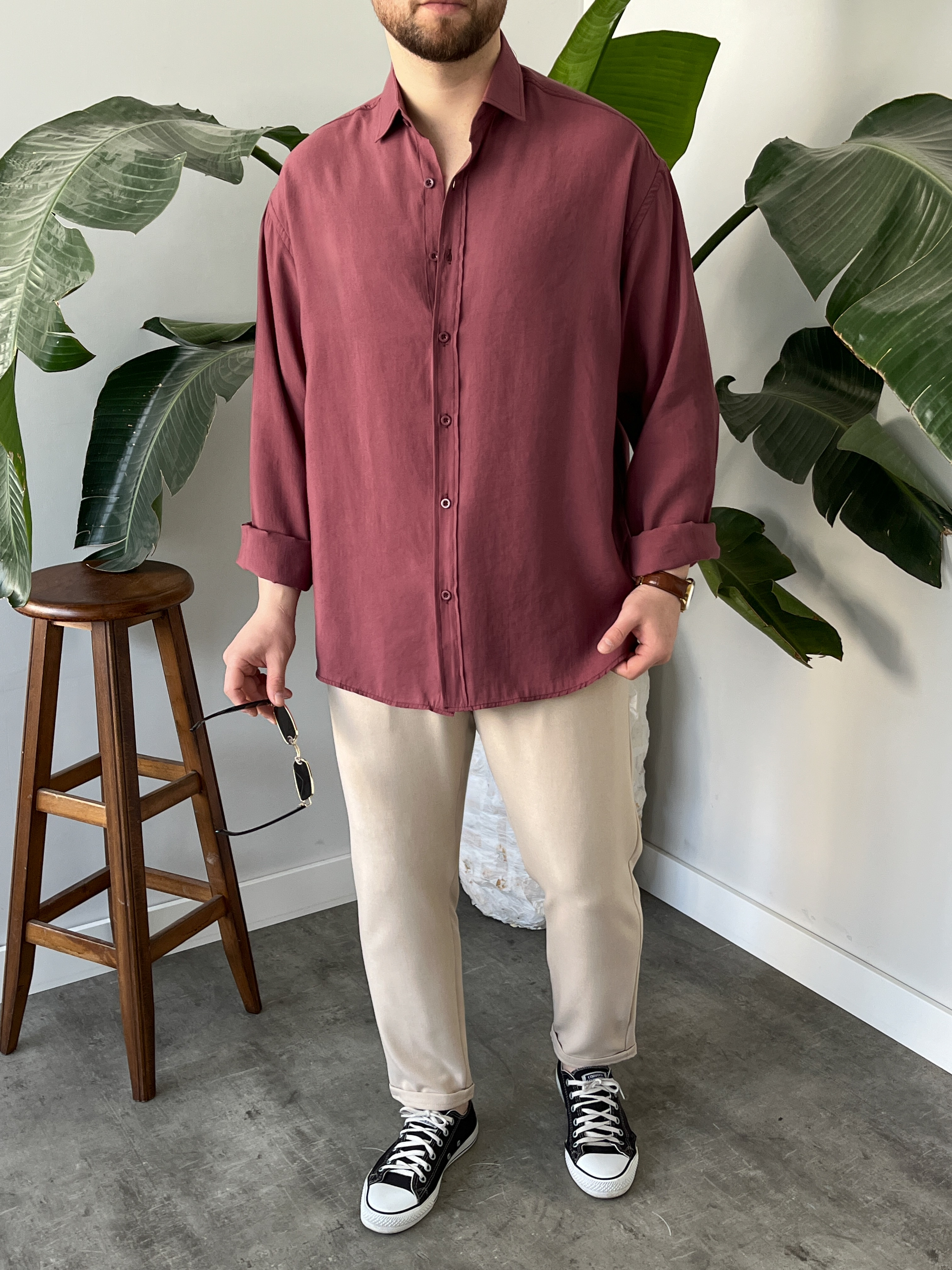 Bordo Yıkamalı Tensel Oversize Gömlek