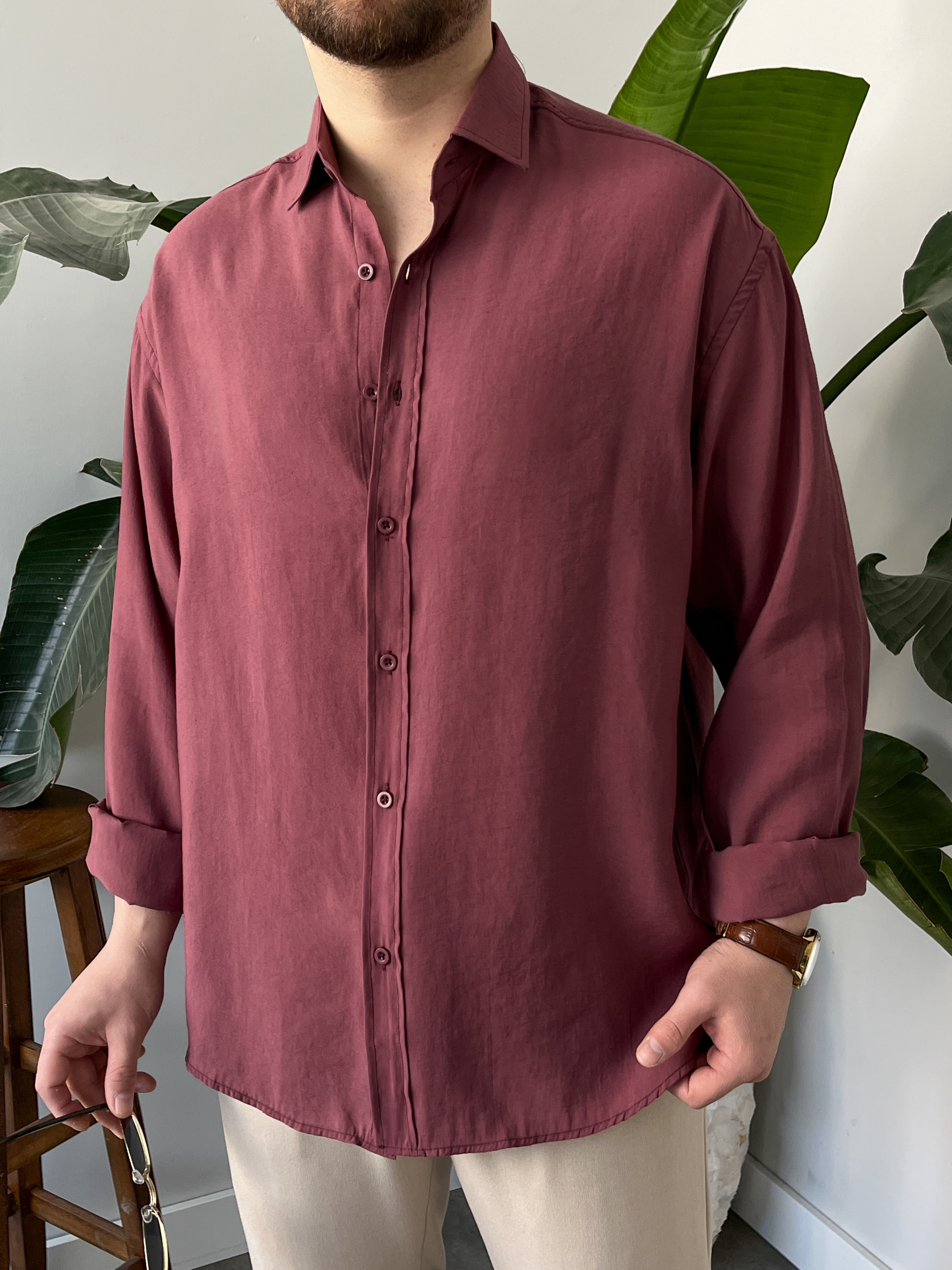 Bordo Yıkamalı Tensel Oversize Gömlek