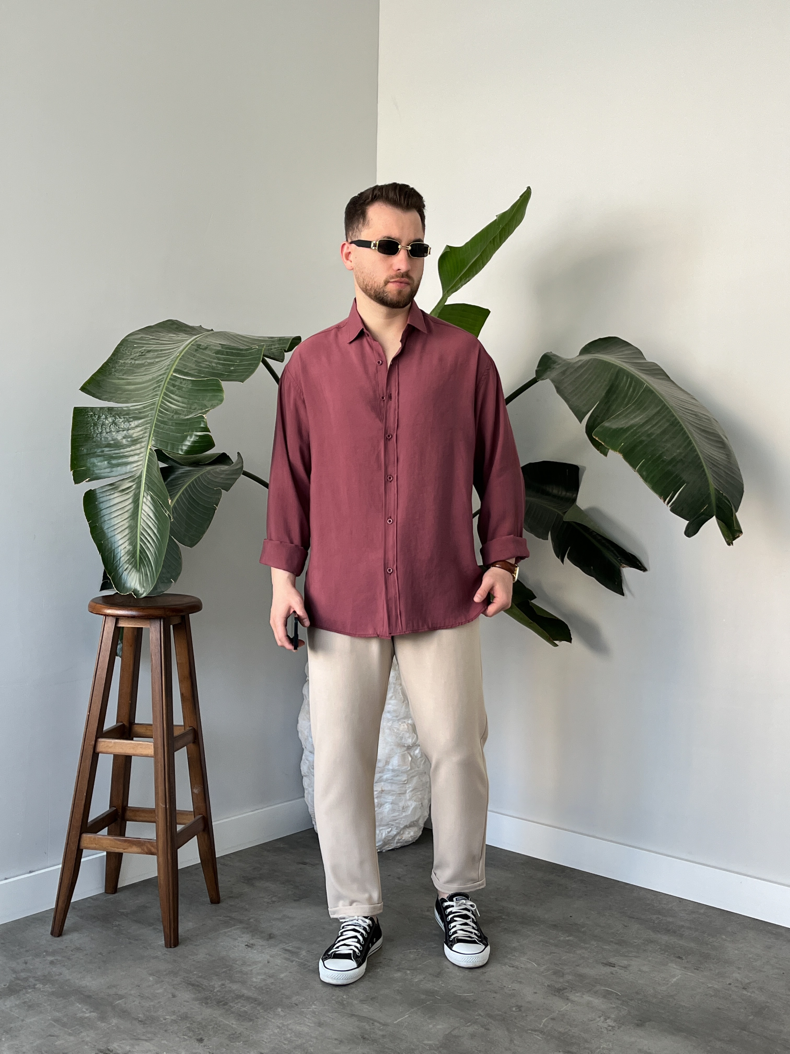 Bordo Yıkamalı Tensel Oversize Gömlek