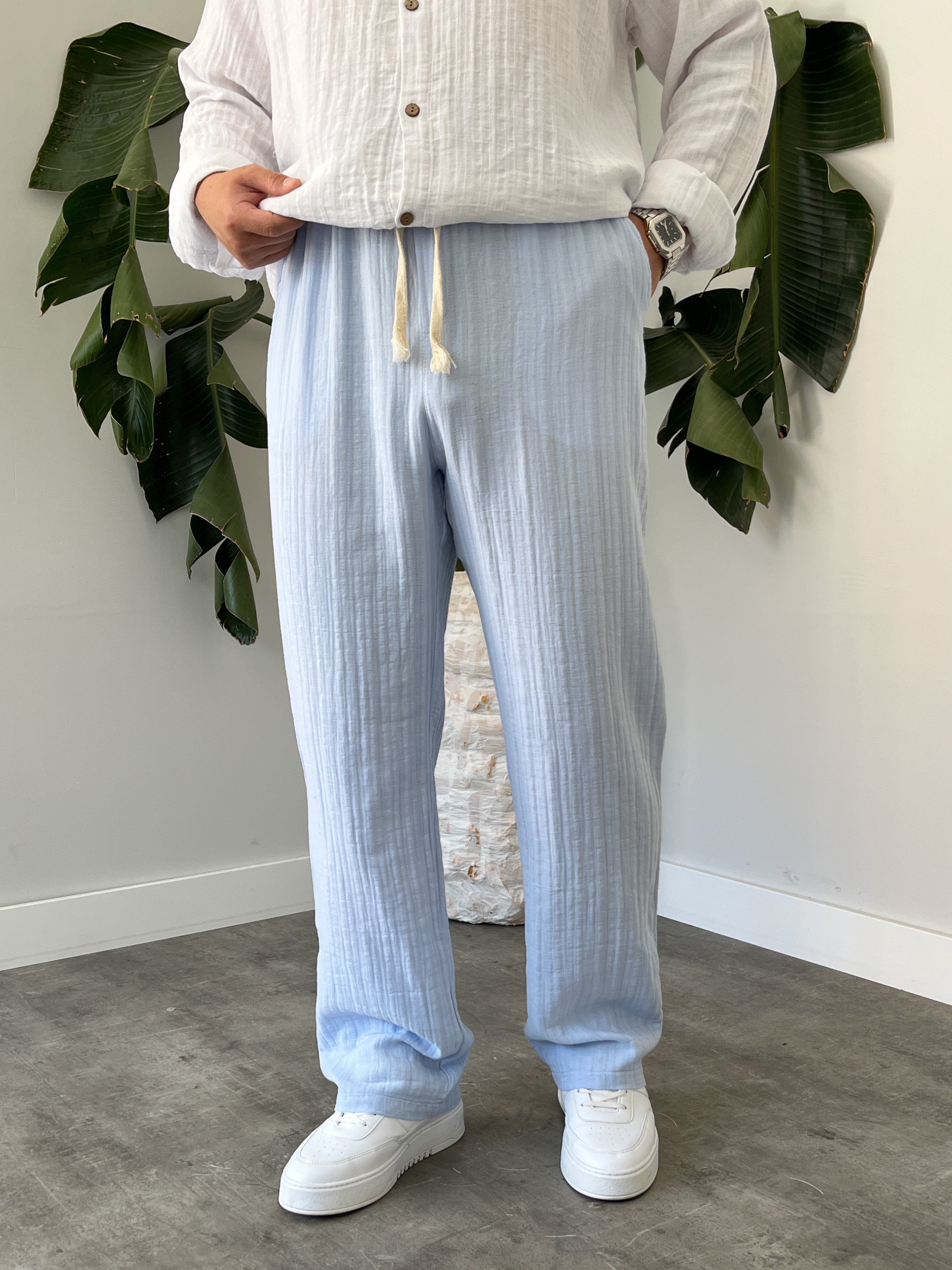 Buz Mavi Armürlü Müslin Baggy Pantolon