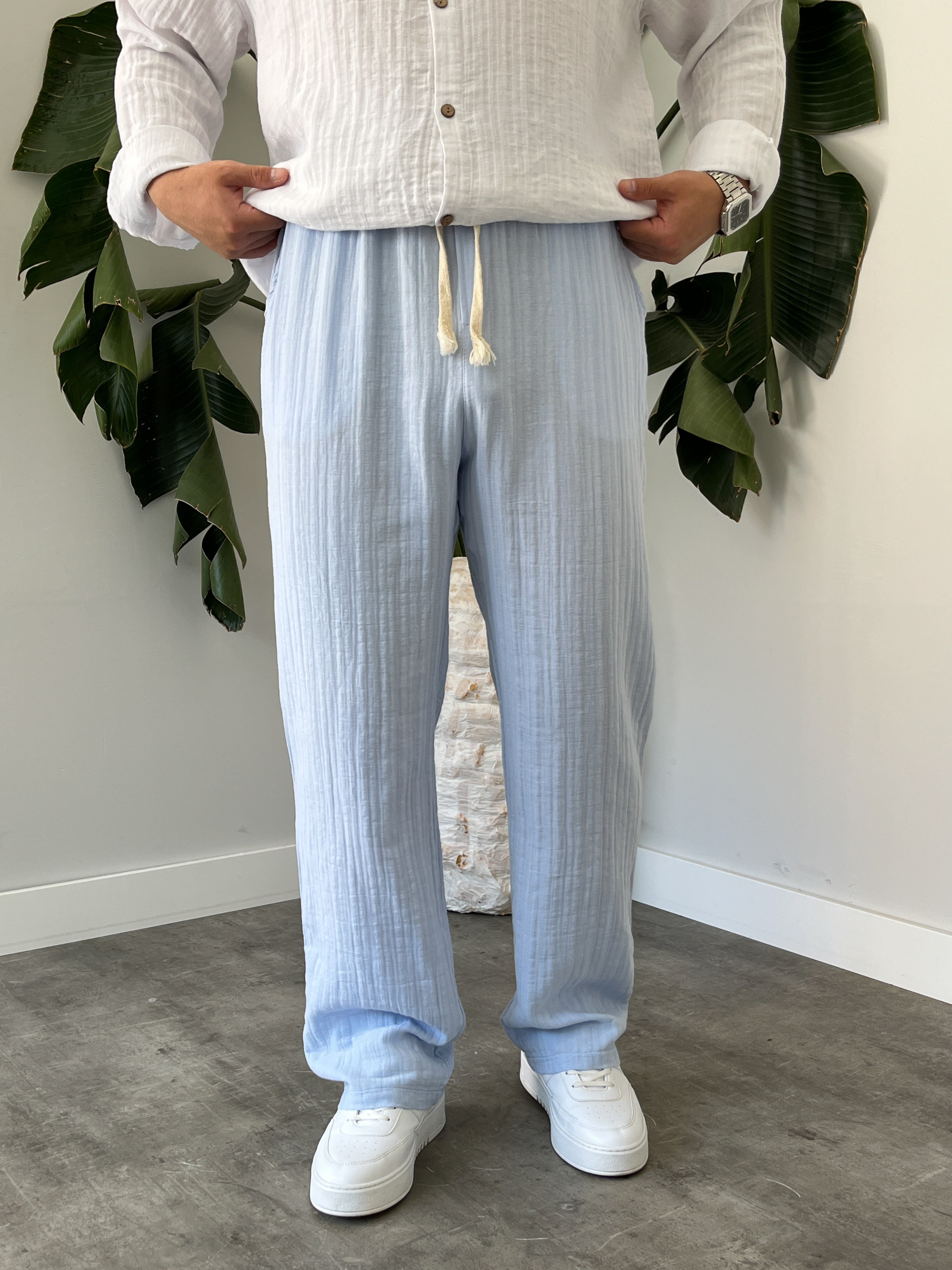 Buz Mavi Armürlü Müslin Baggy Pantolon