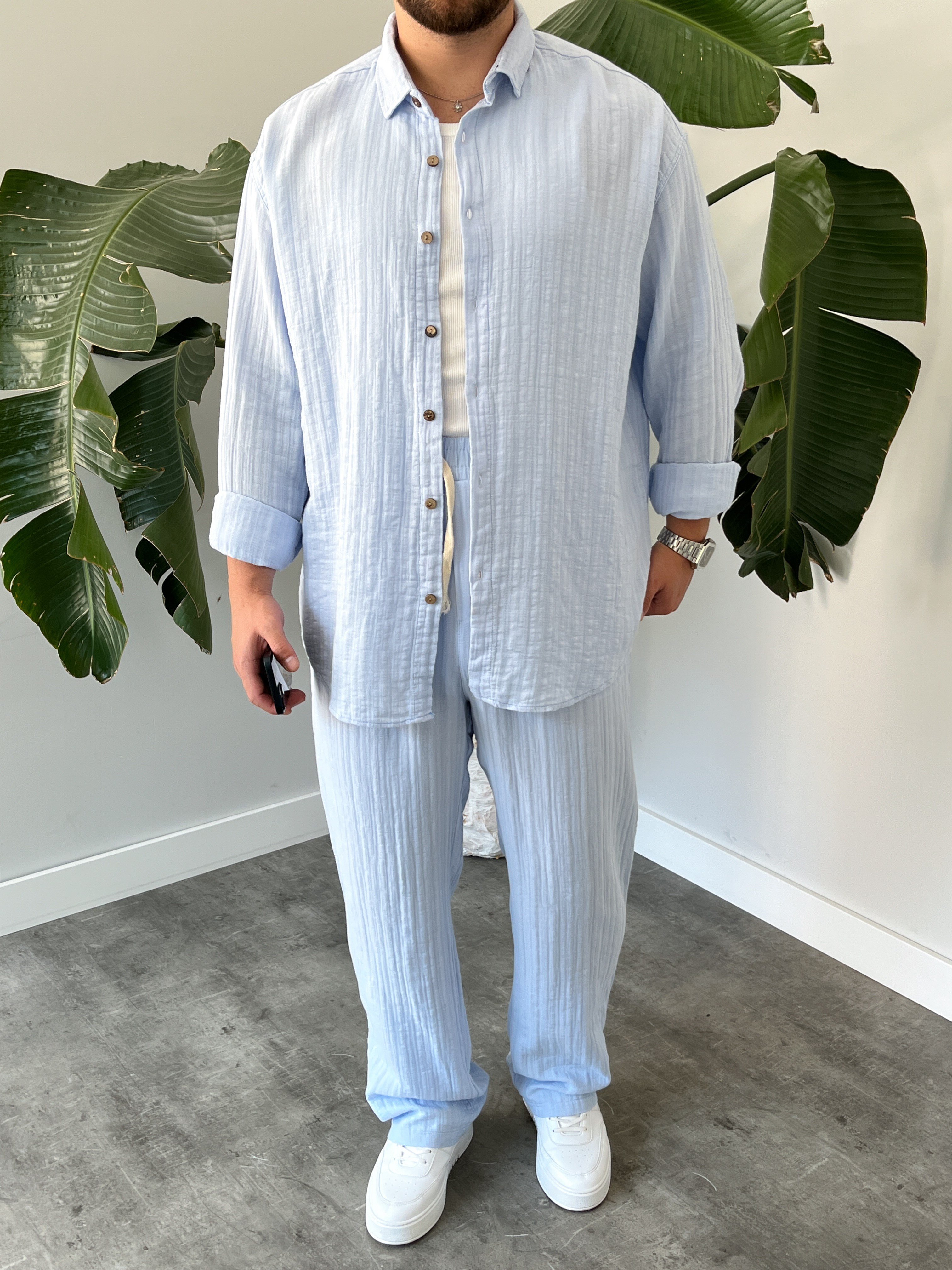 Buz Mavi Armürlü Müslin Oversize Takım