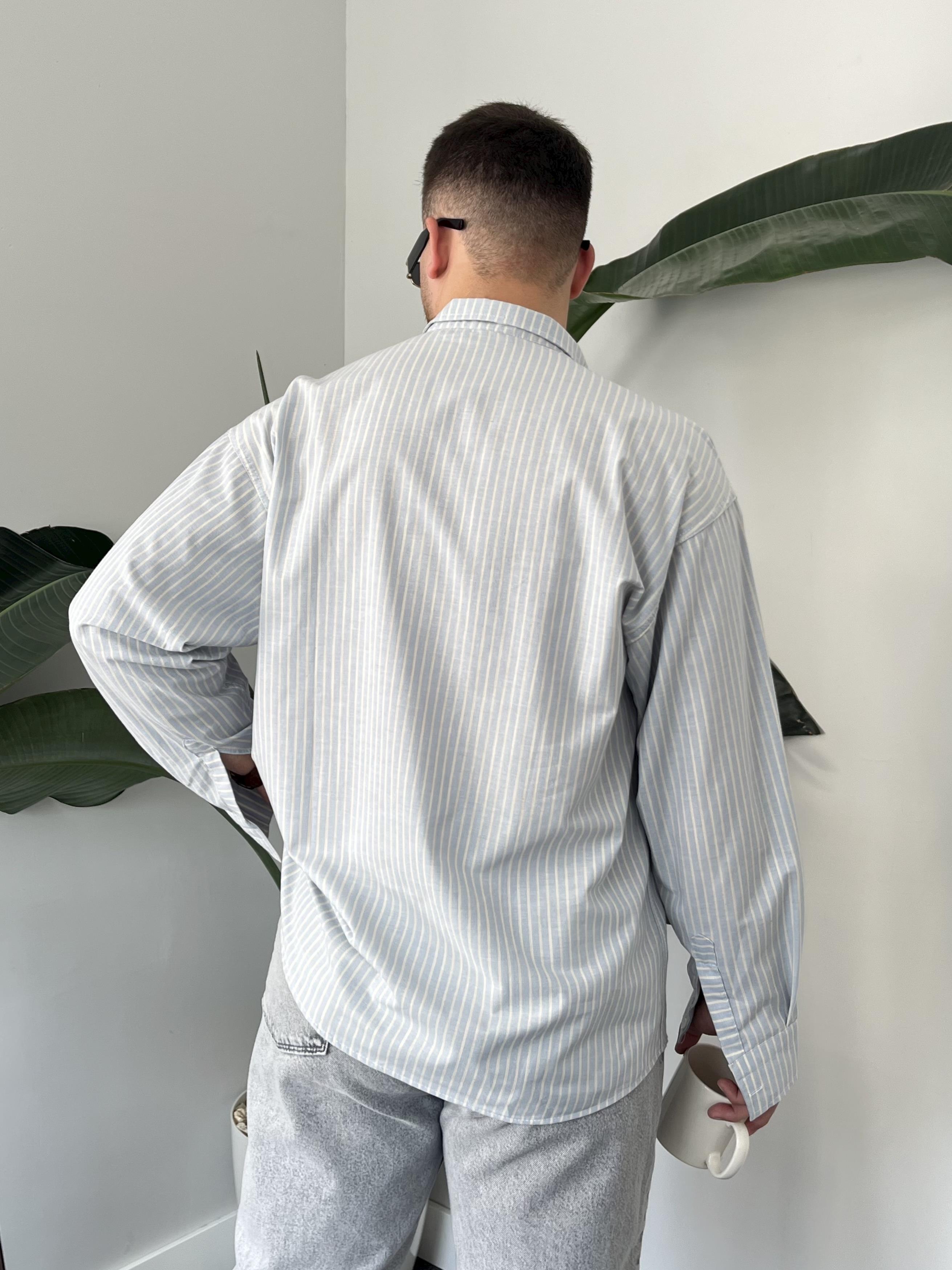 Buz Mavi Casual Çizgili Oversize Gömlek