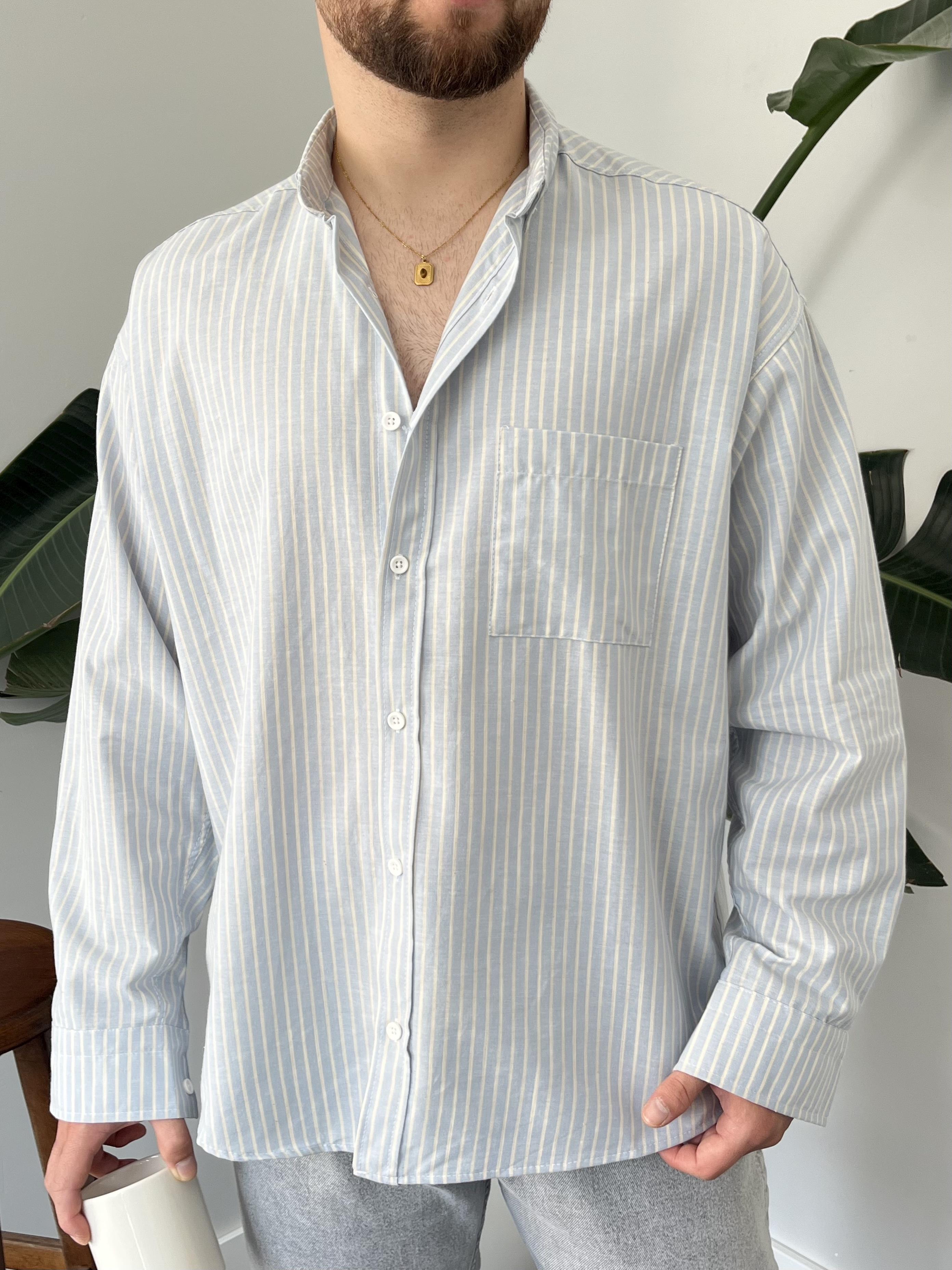 Buz Mavi Casual Çizgili Oversize Gömlek