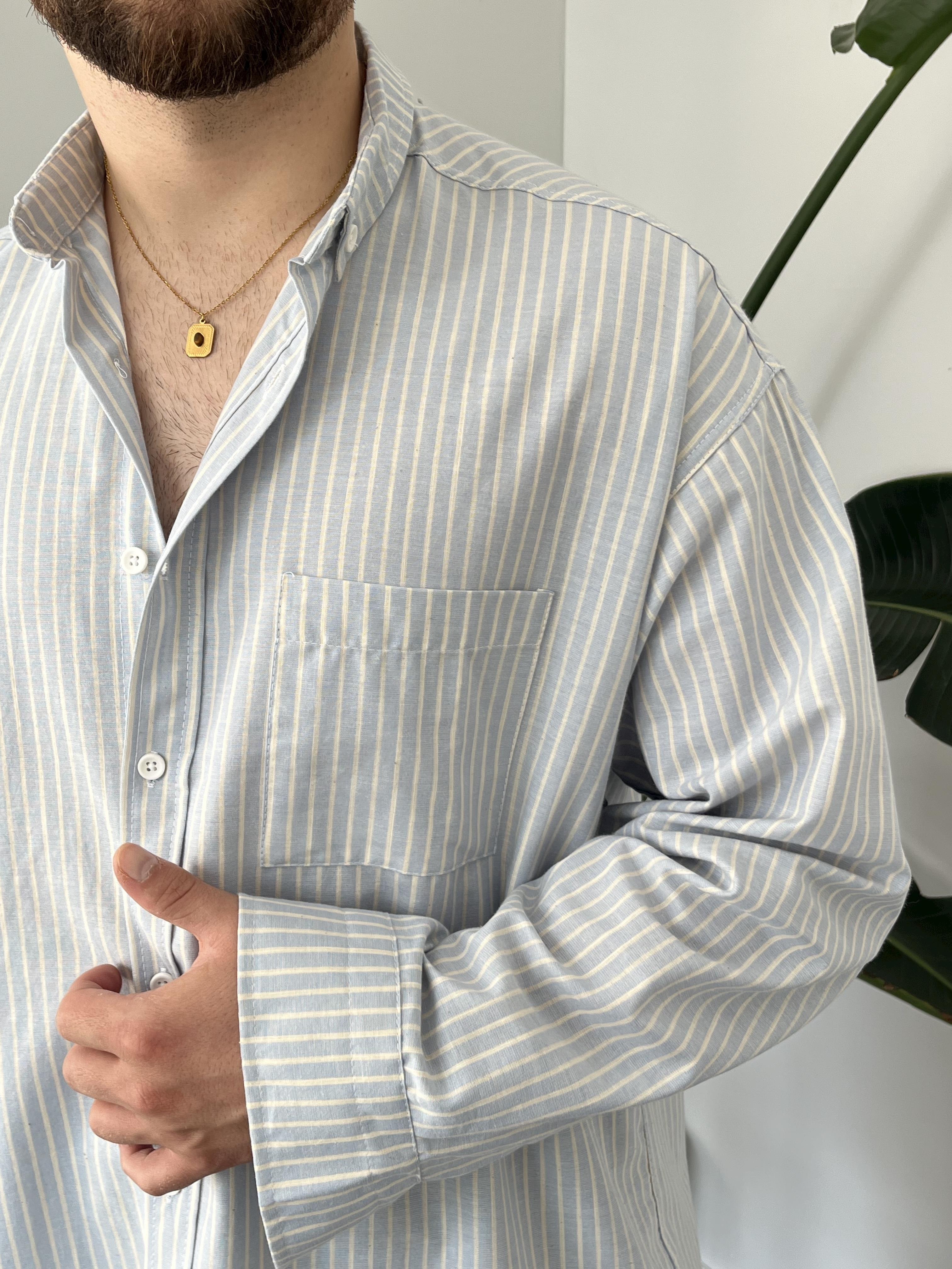 Buz Mavi Casual Çizgili Oversize Gömlek