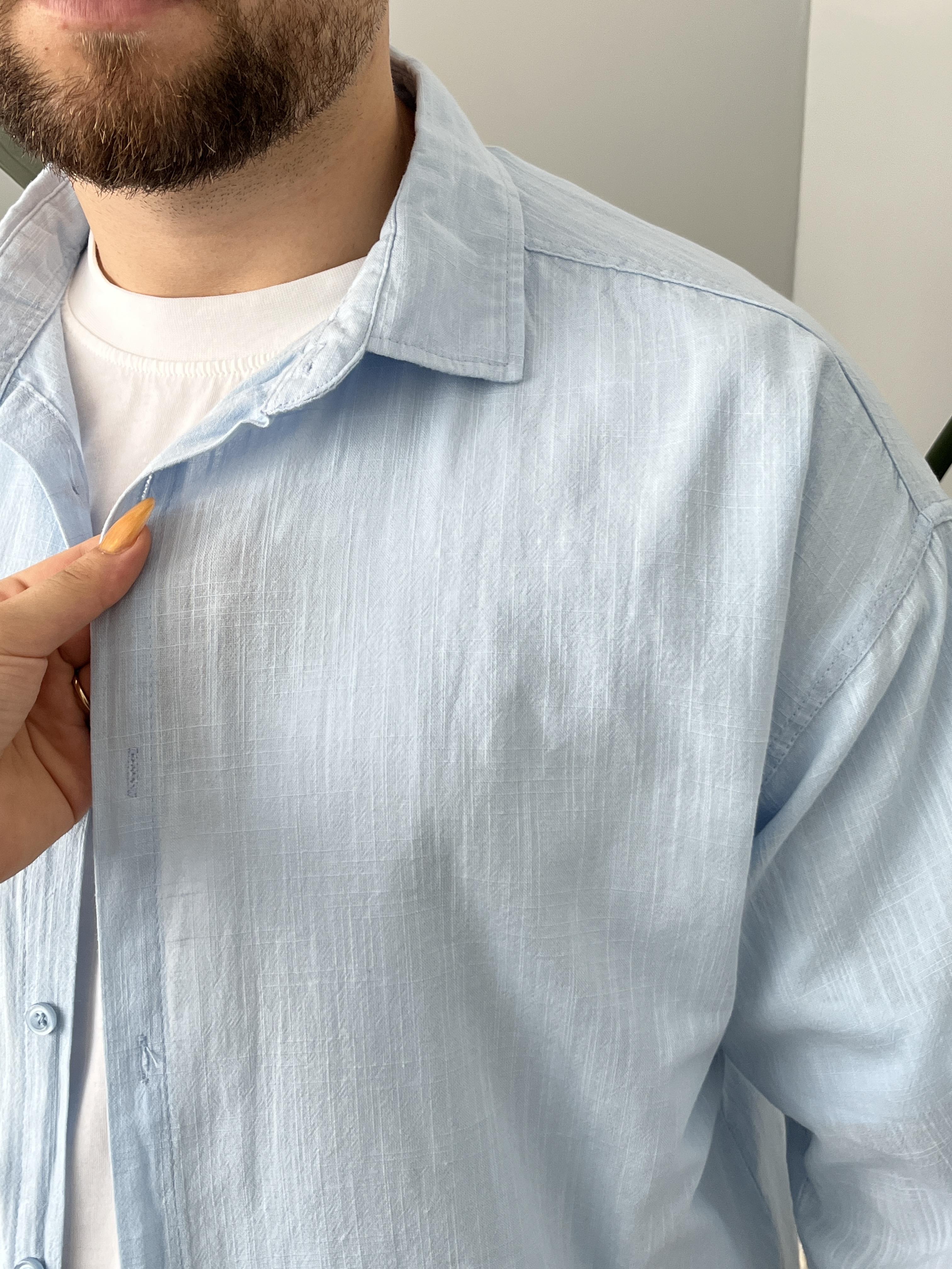 Buz Mavi Fresh Keten Oversize Gömlek