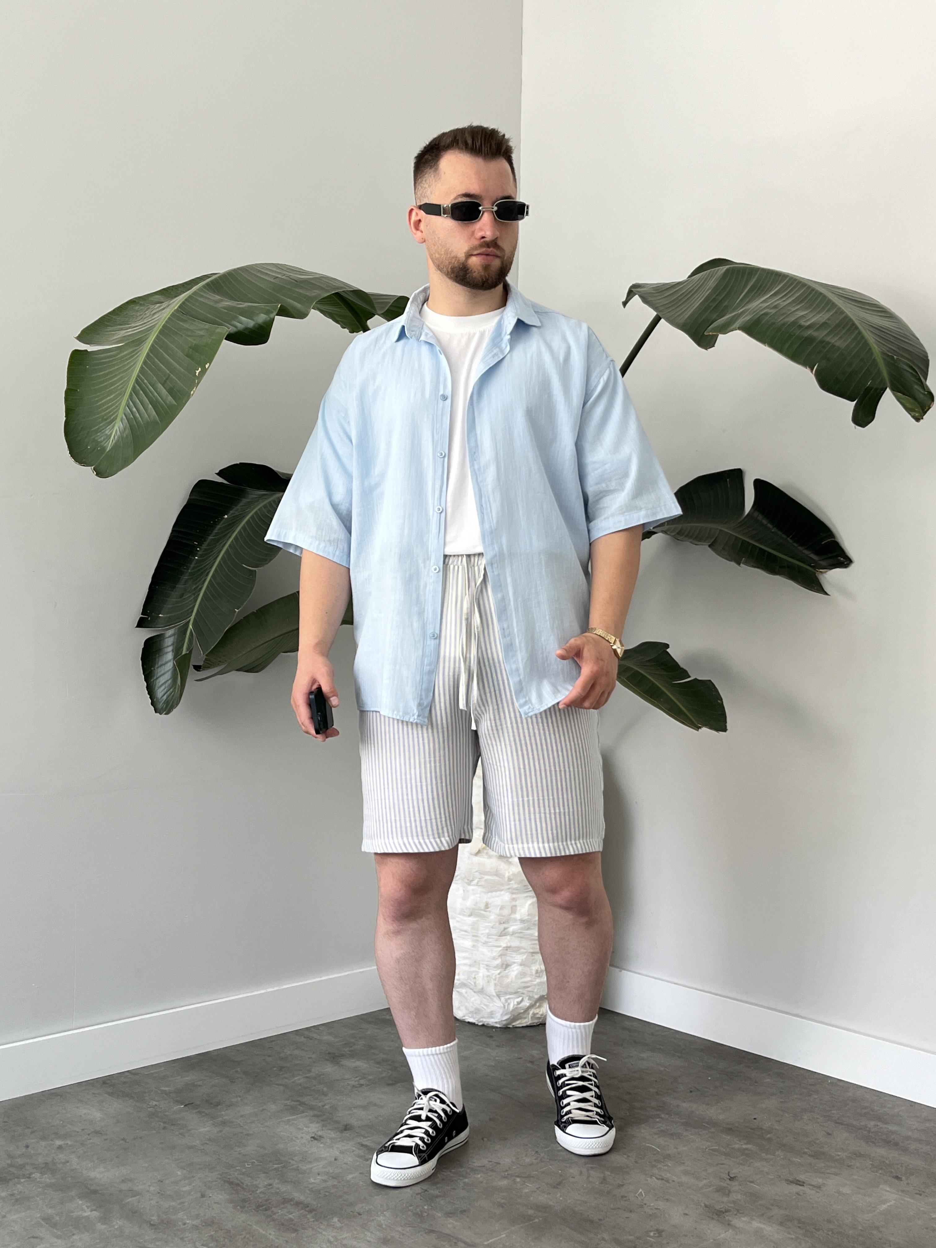 Buz Mavi Fresh Keten Oversize Gömlek