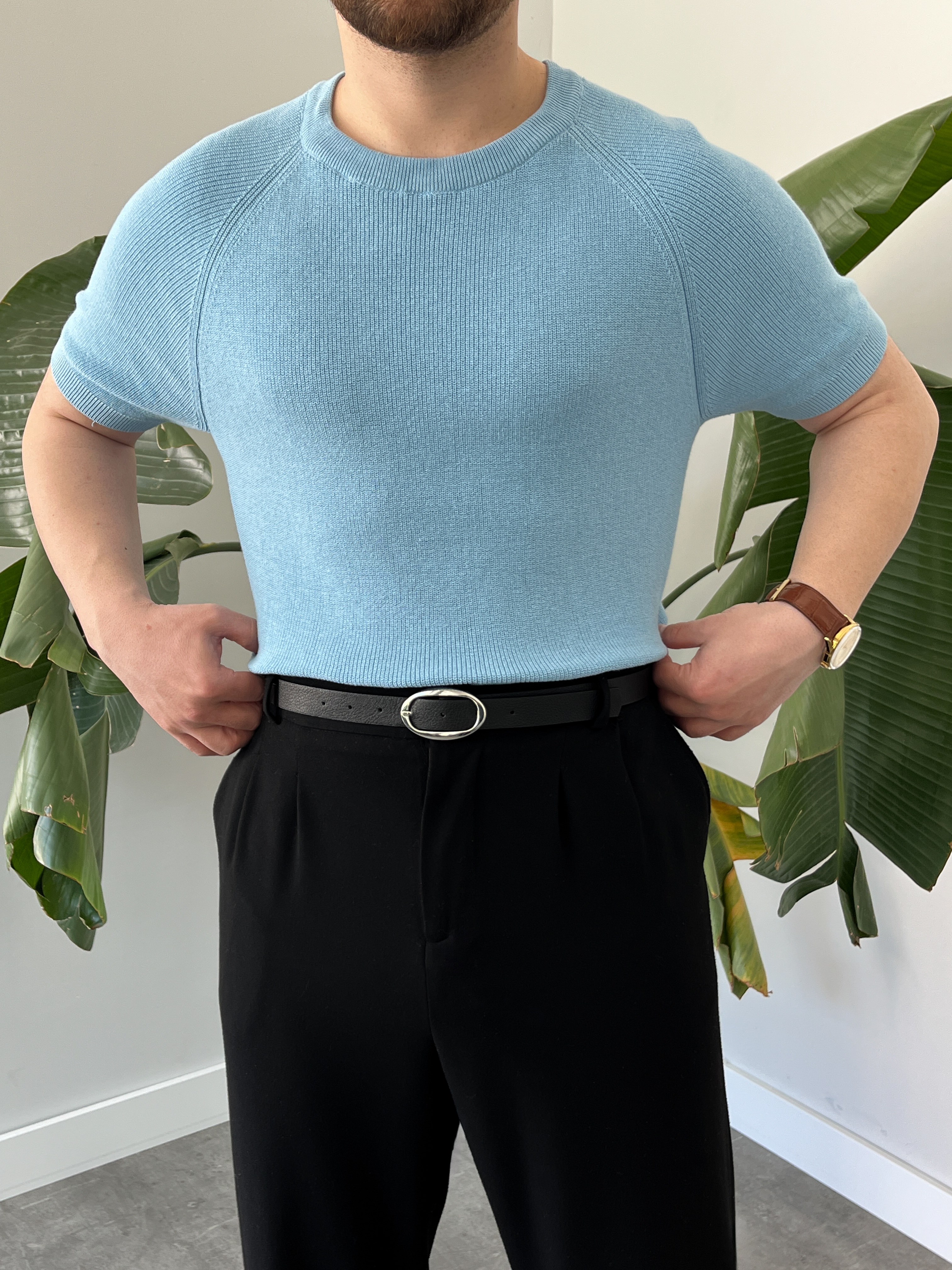 Buz Mavi Raglan Detay Basic Triko