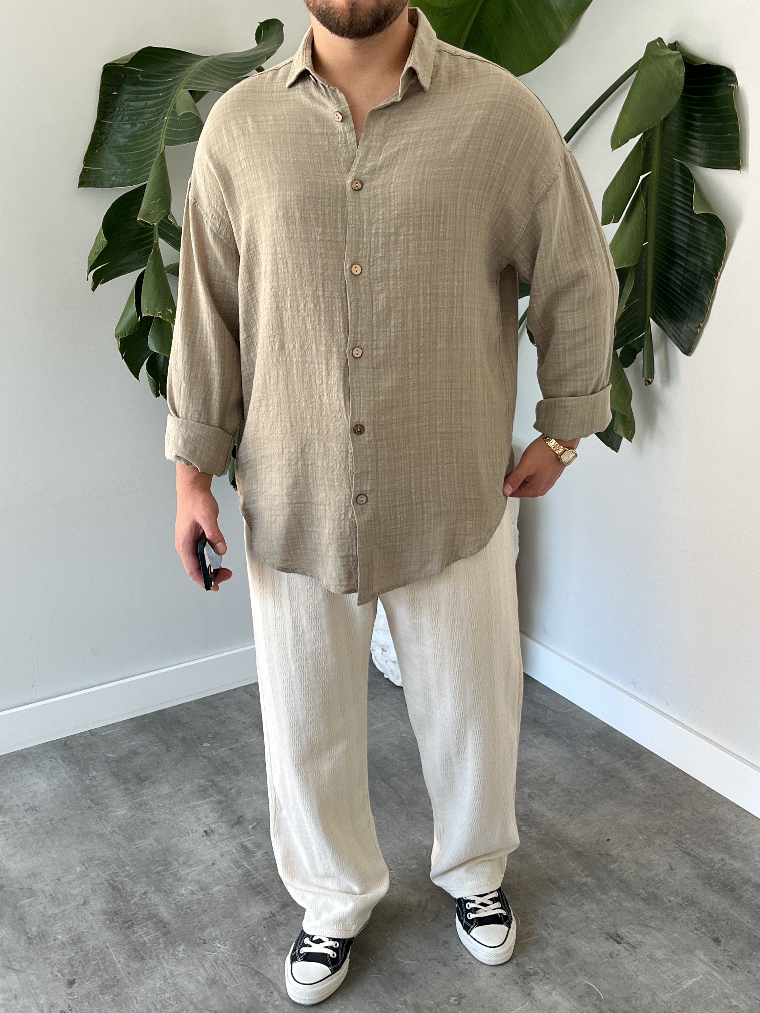 Çağla Gofre Keten Oversize Gömlek