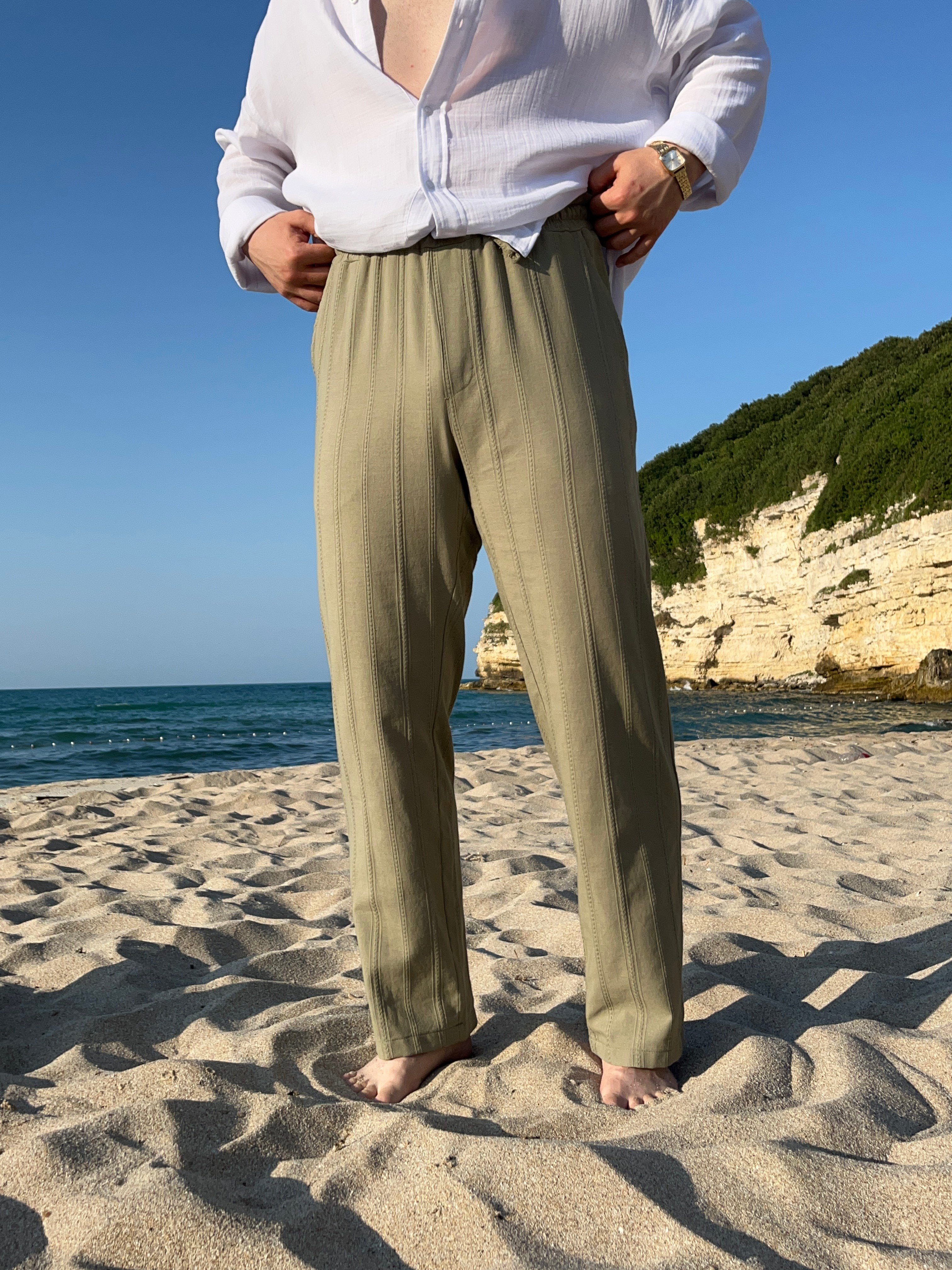 Çağla Örgü Desen Keten Baggy Pantolon