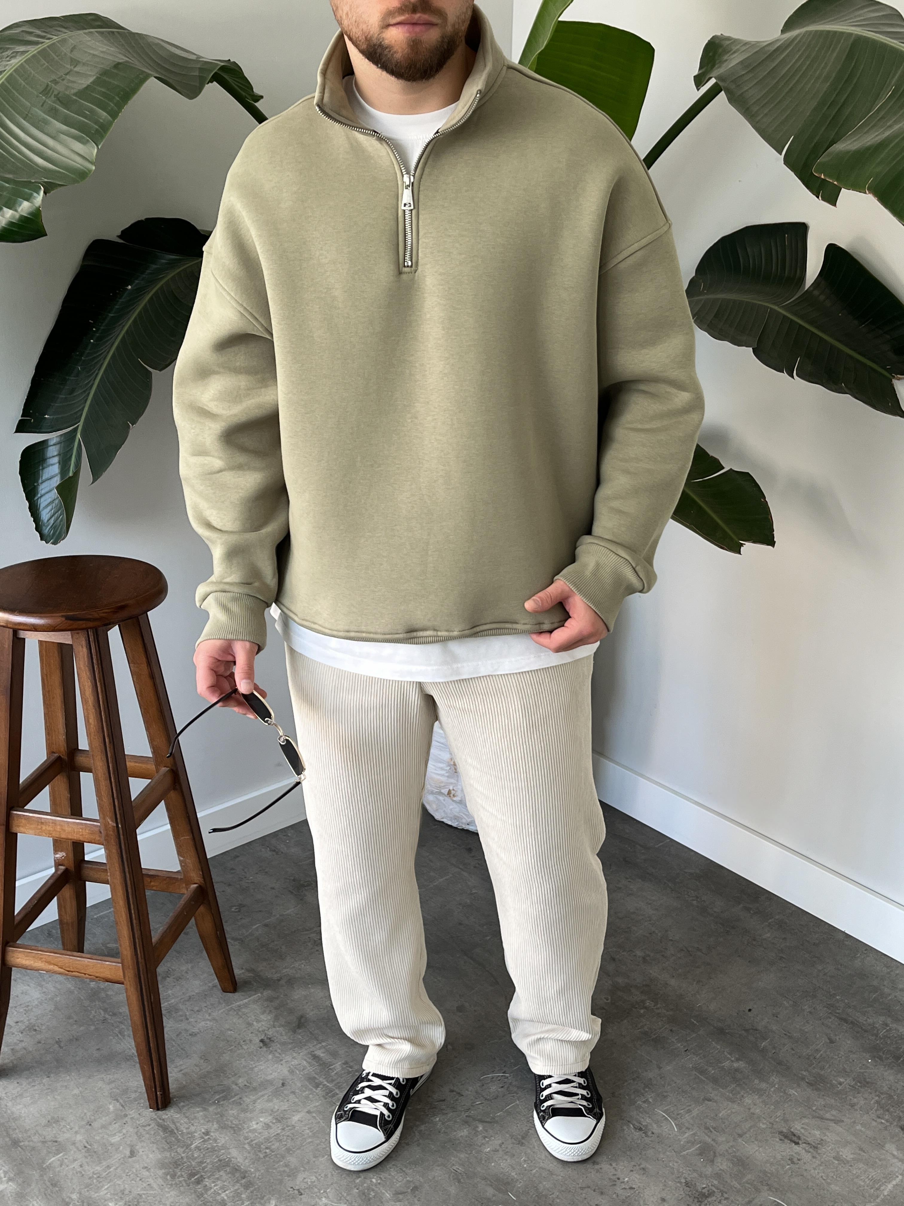 Çağla Yarım Fermuar Üç İplik Şardonlu Sweatshirt