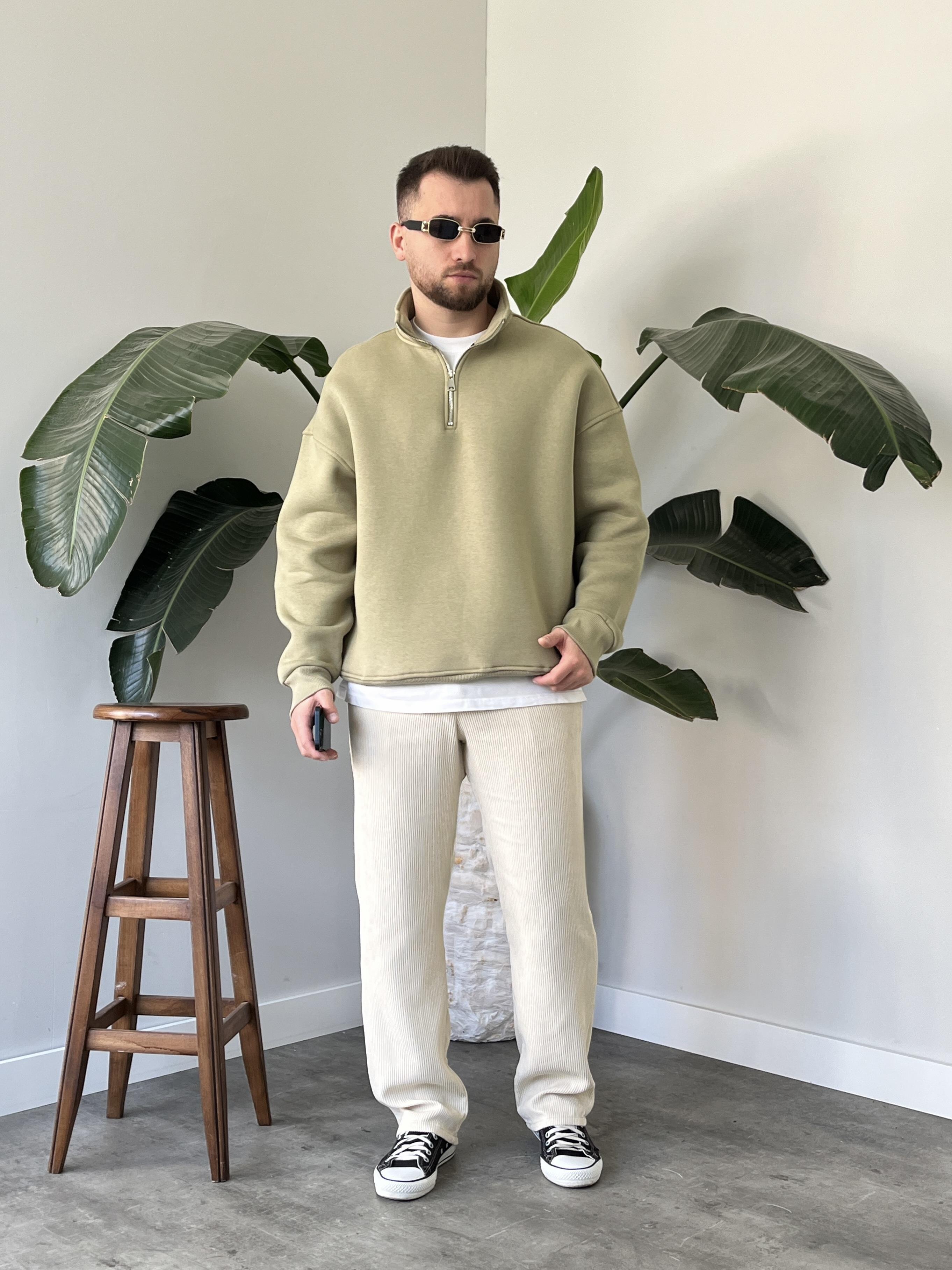 Çağla Yarım Fermuar Üç İplik Şardonlu Sweatshirt