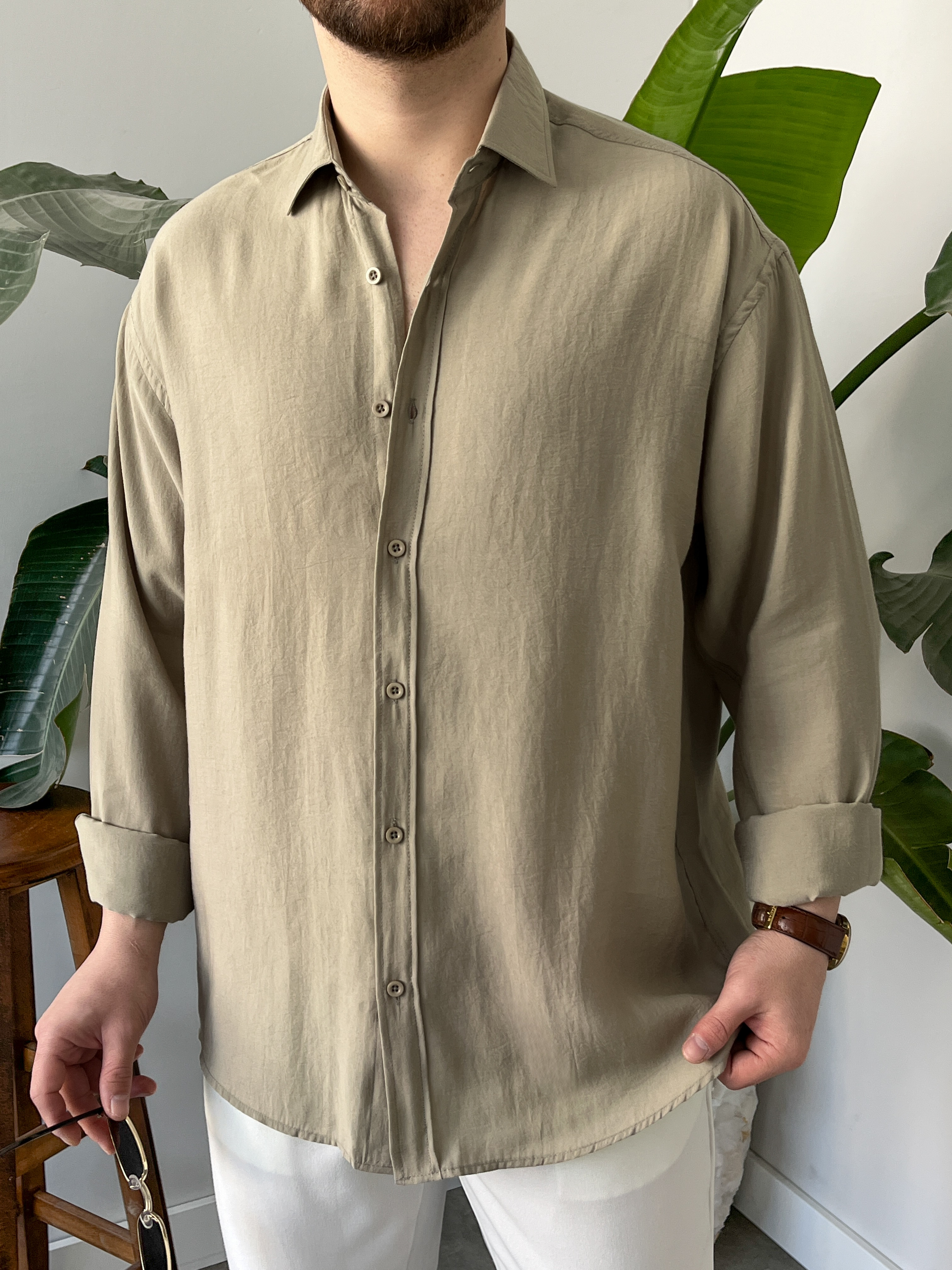 Çağla Yıkamalı Tensel Oversize Gömlek