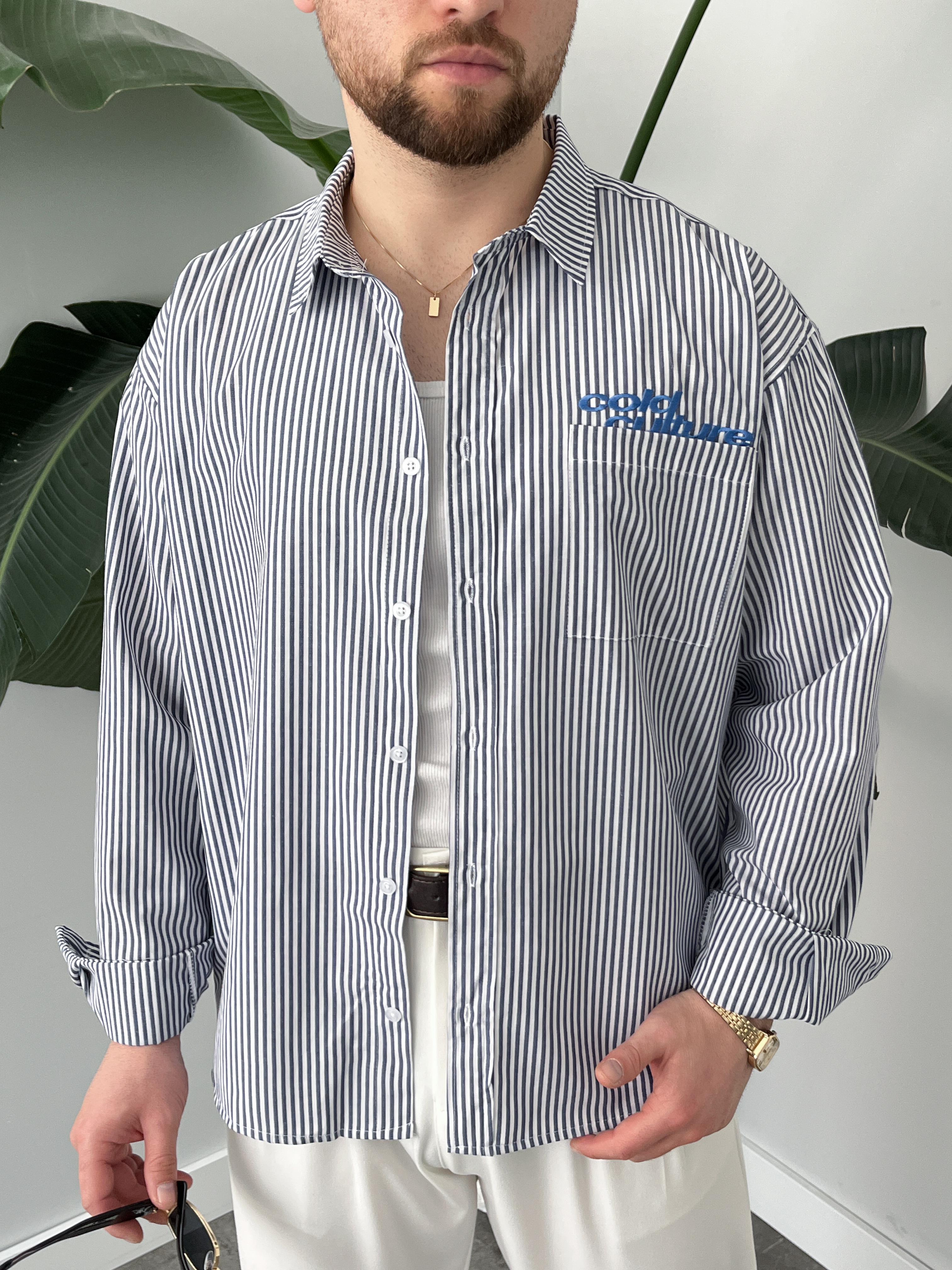 Cold Culture Nakışlı Lacivert Çizgili Oversize Gömlek