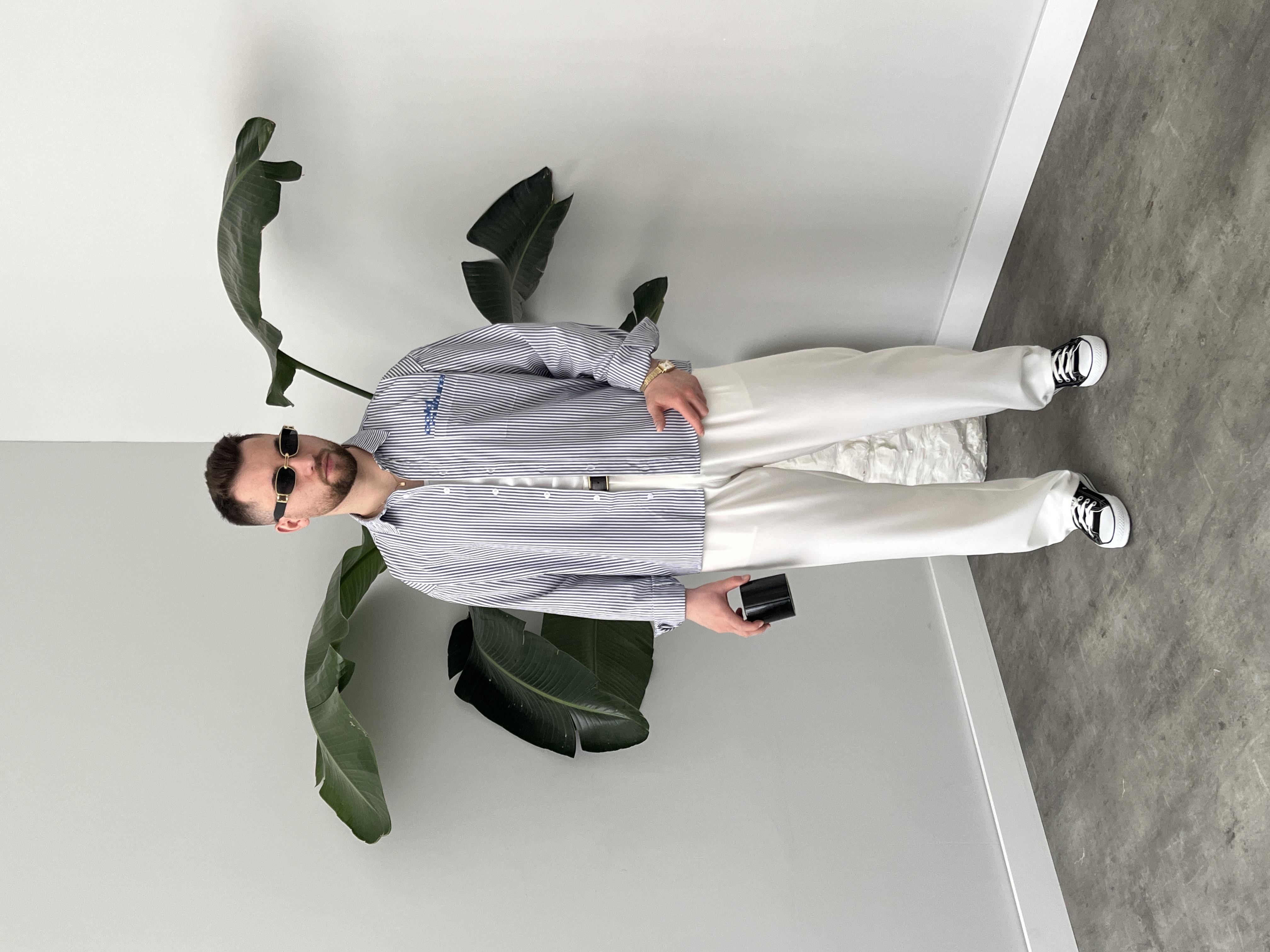 Cold Culture Nakışlı Lacivert Çizgili Oversize Gömlek