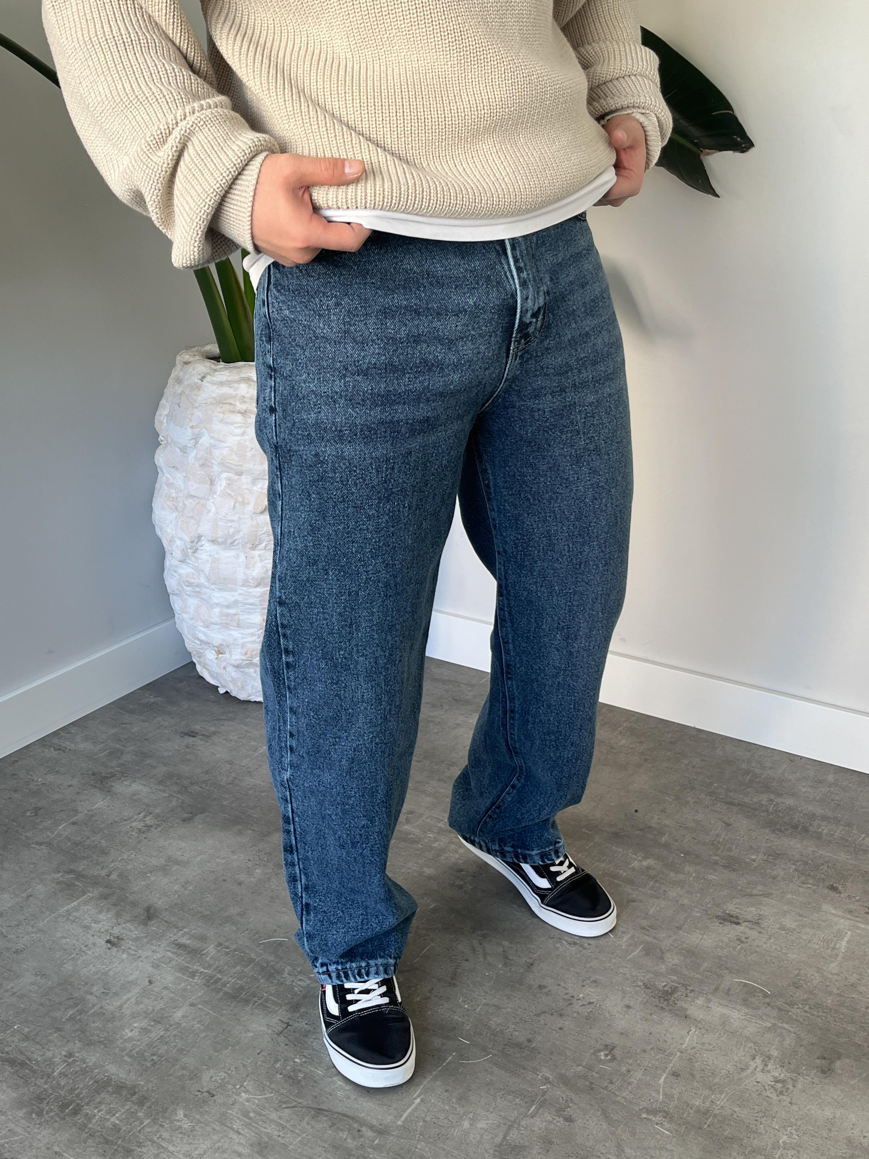 Dark Blue Yıkamalı Efekt Detaylı Baggy Jean