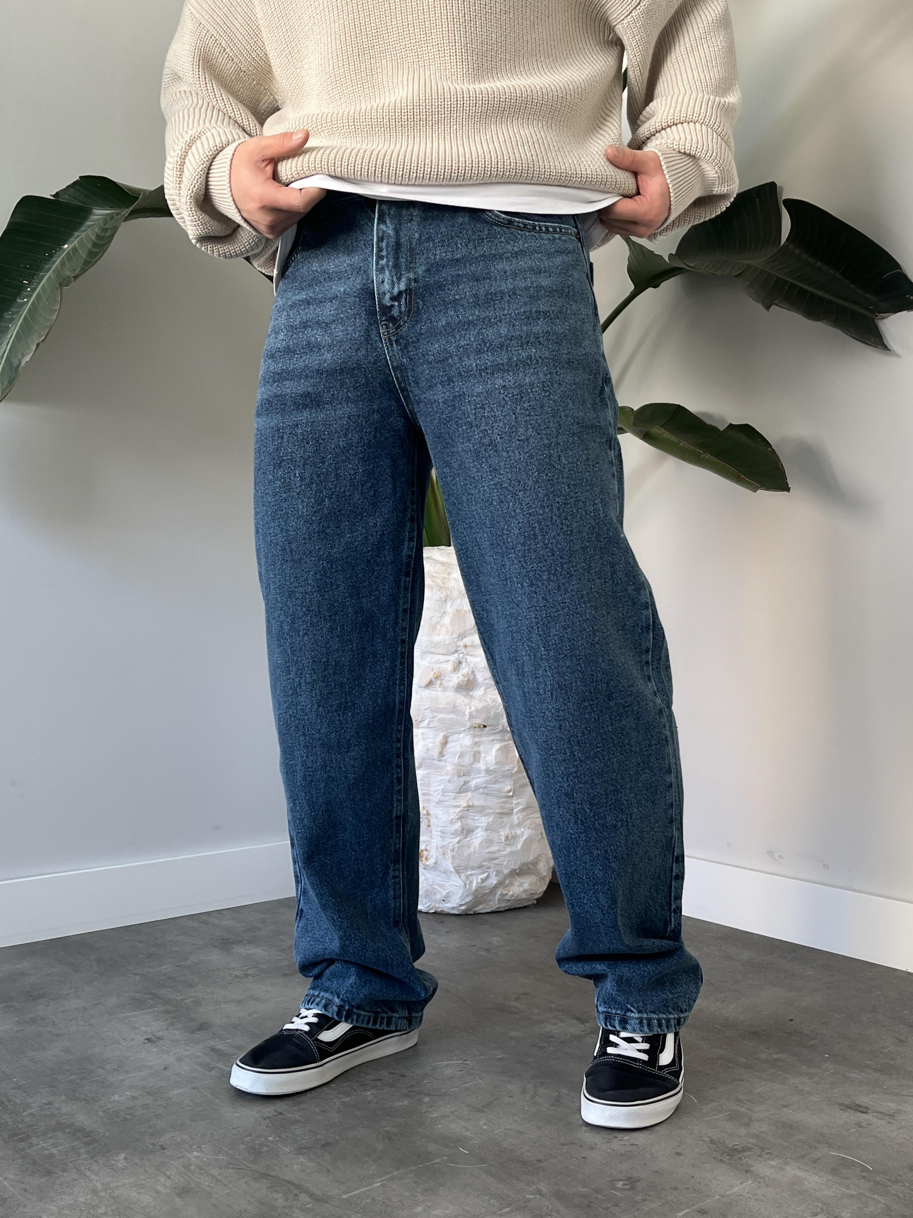 Dark Blue Yıkamalı Efekt Detaylı Baggy Jean