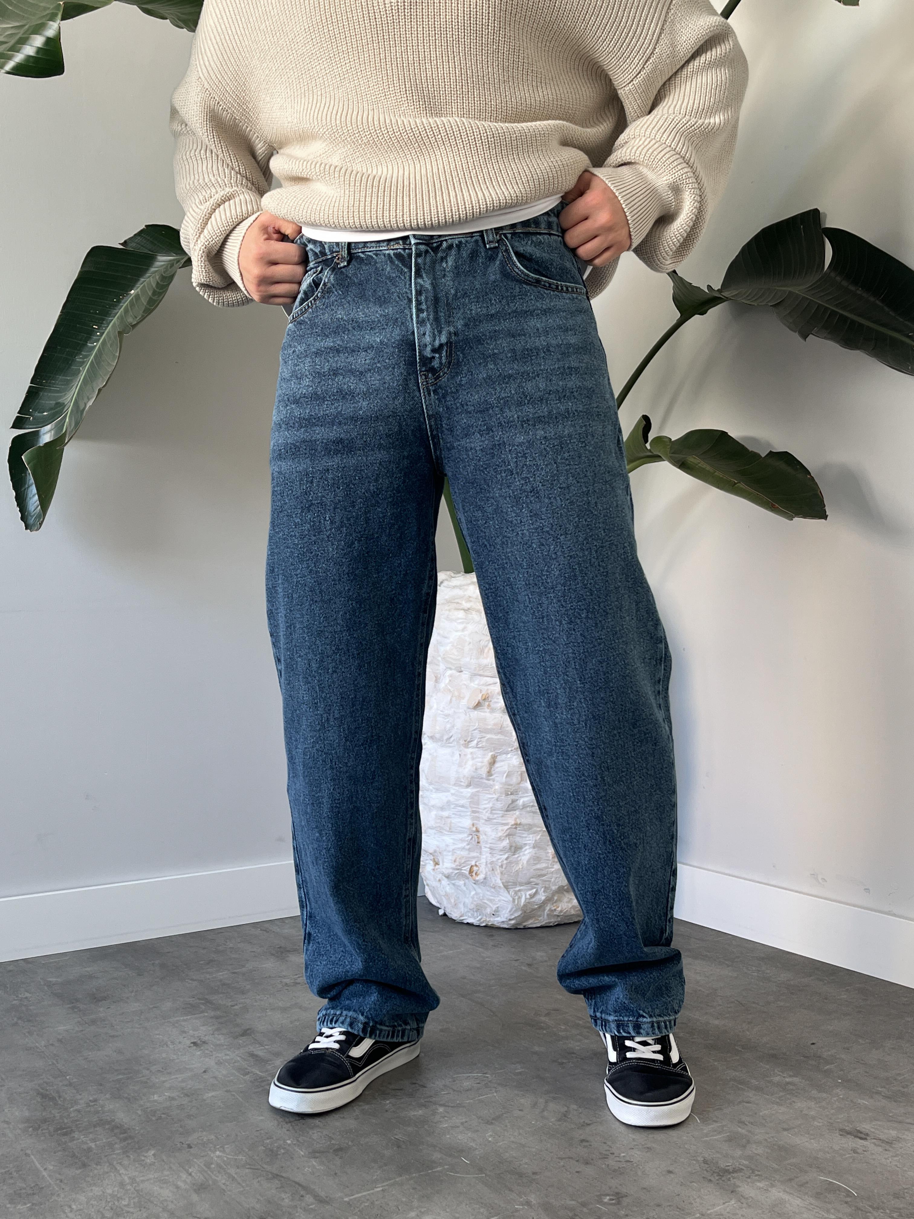 Dark Blue Yıkamalı Efekt Detaylı Baggy Jean