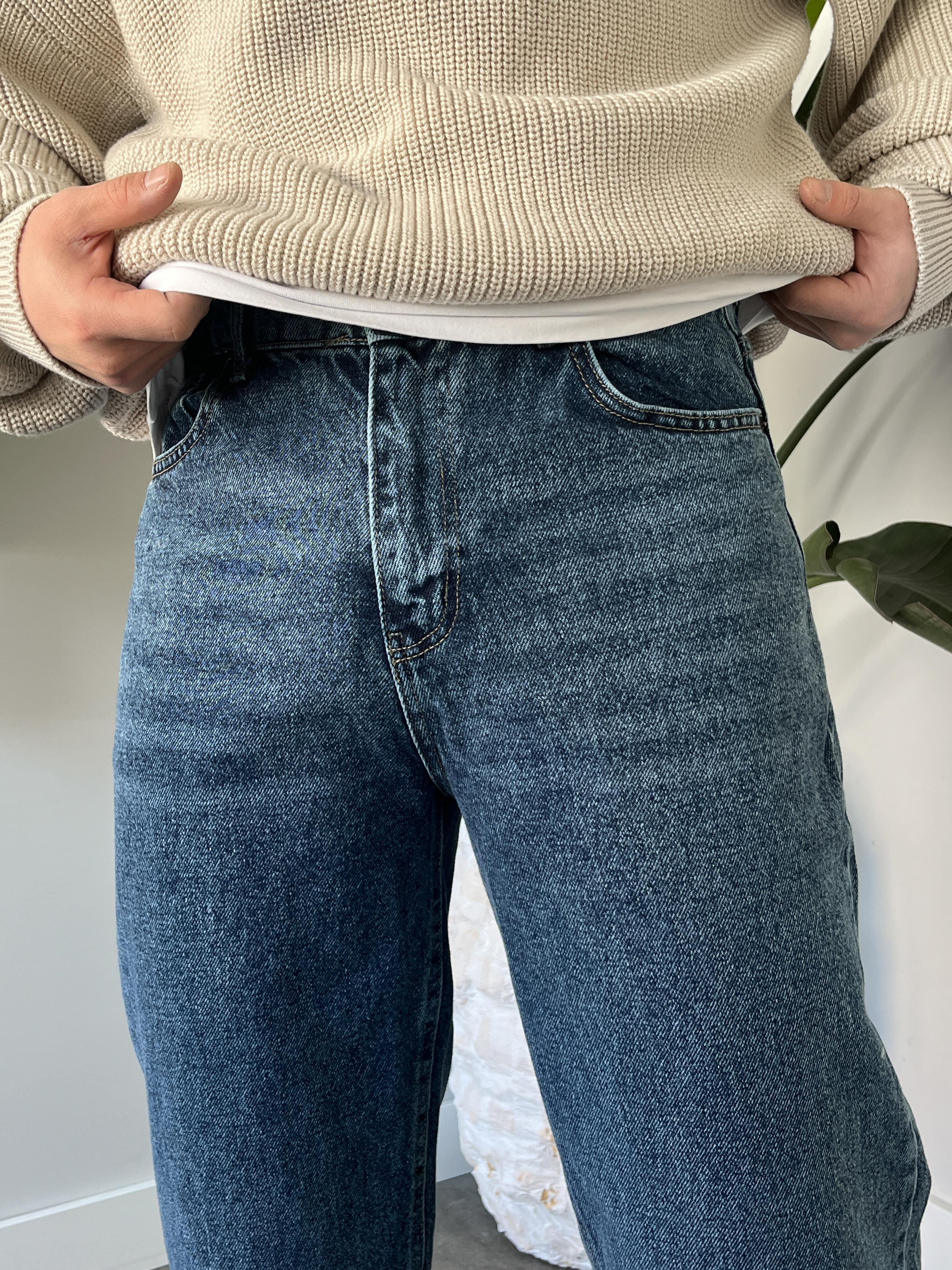 Dark Blue Yıkamalı Efekt Detaylı Baggy Jean