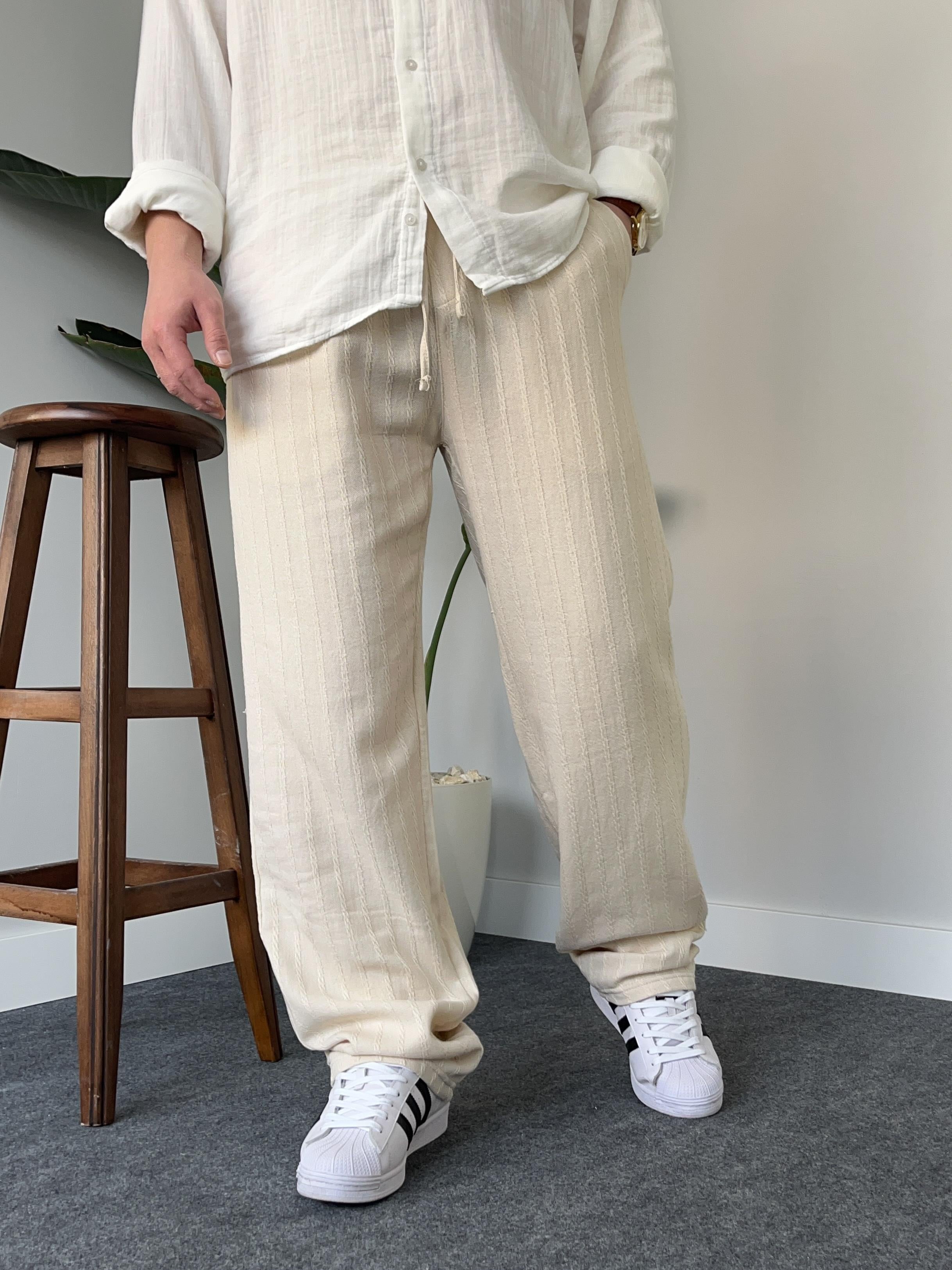 Desenli Krem Baggy Keten Pantolon
