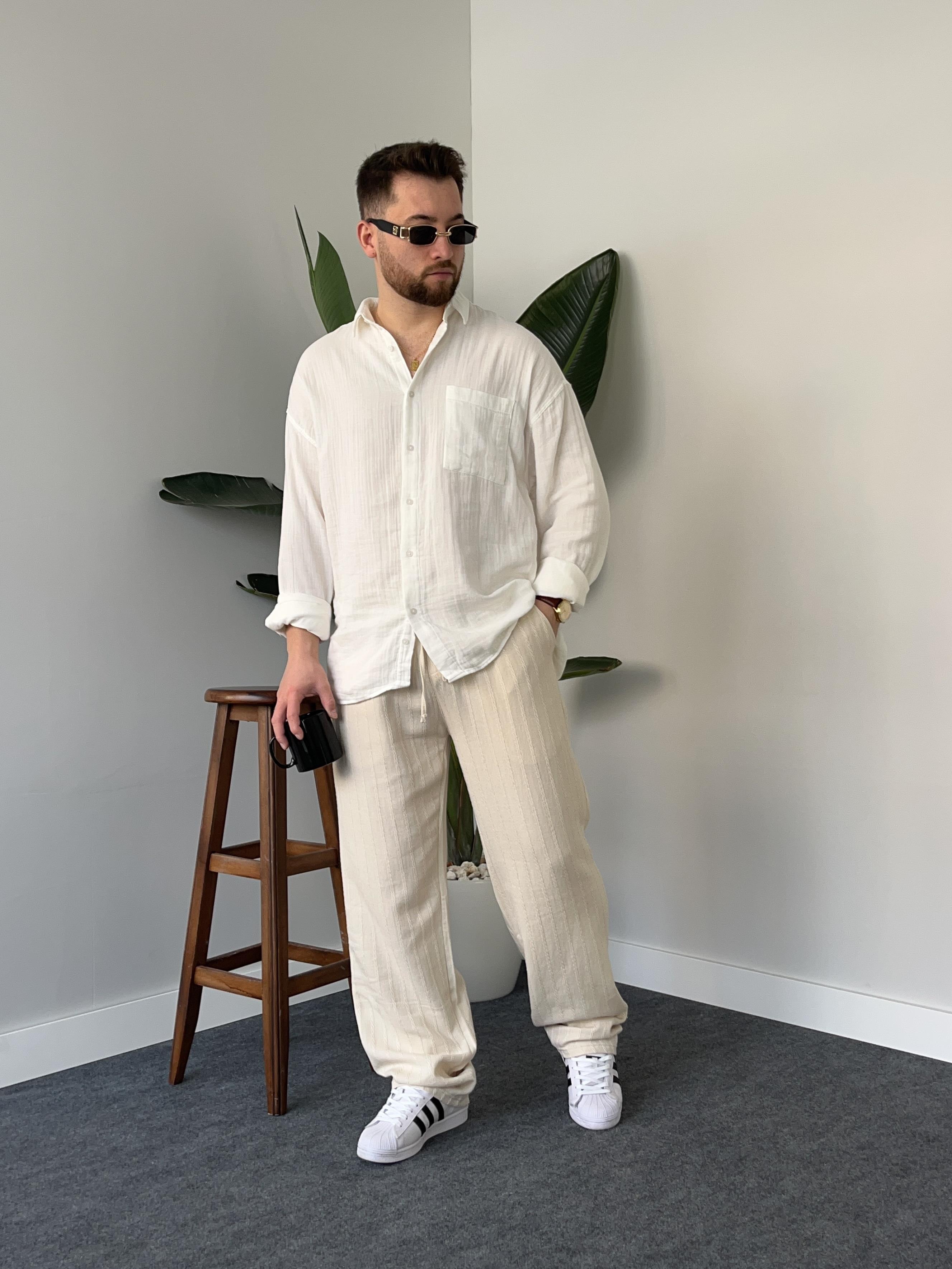Desenli Krem Baggy Keten Pantolon