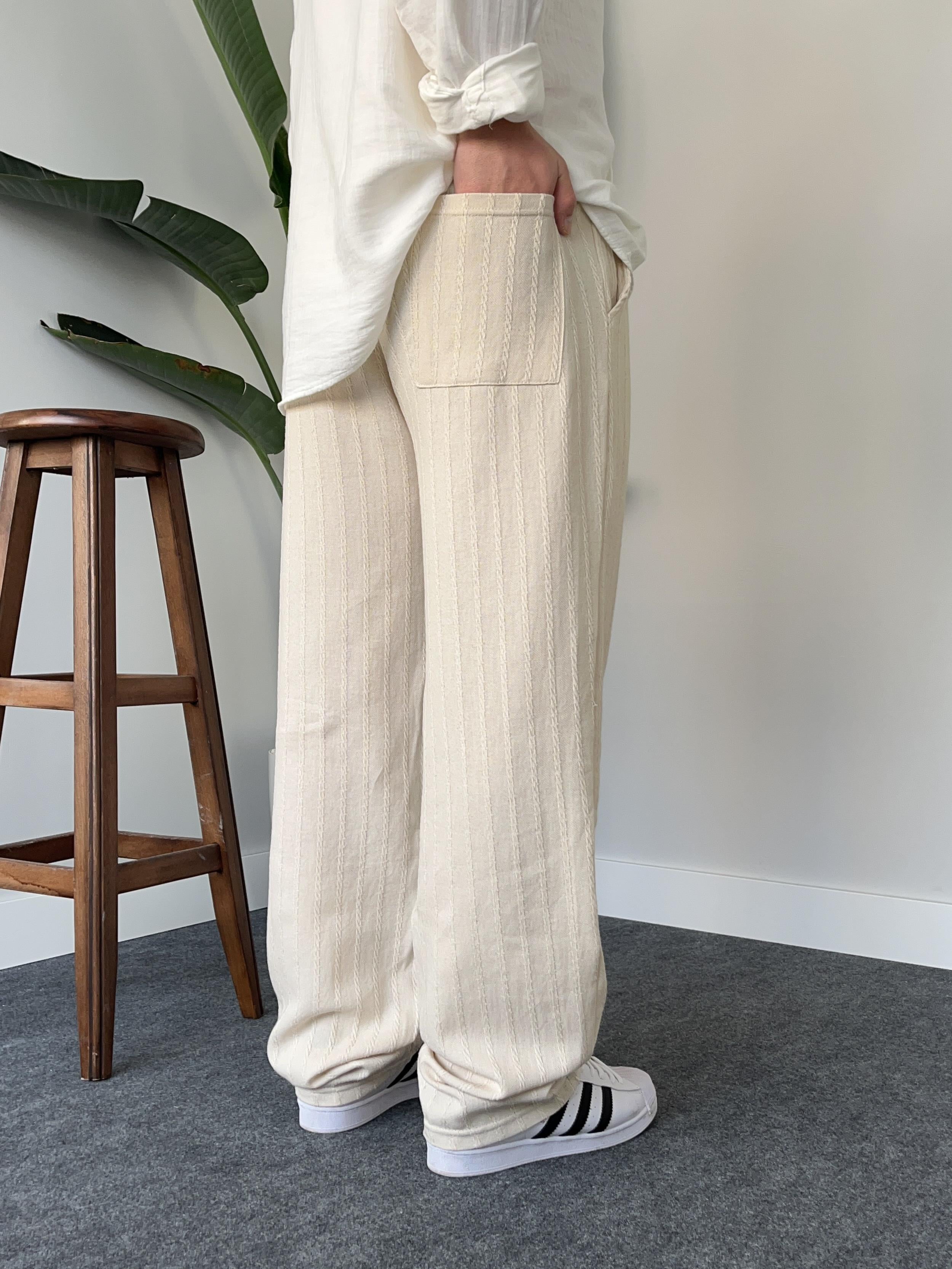 Desenli Krem Baggy Keten Pantolon