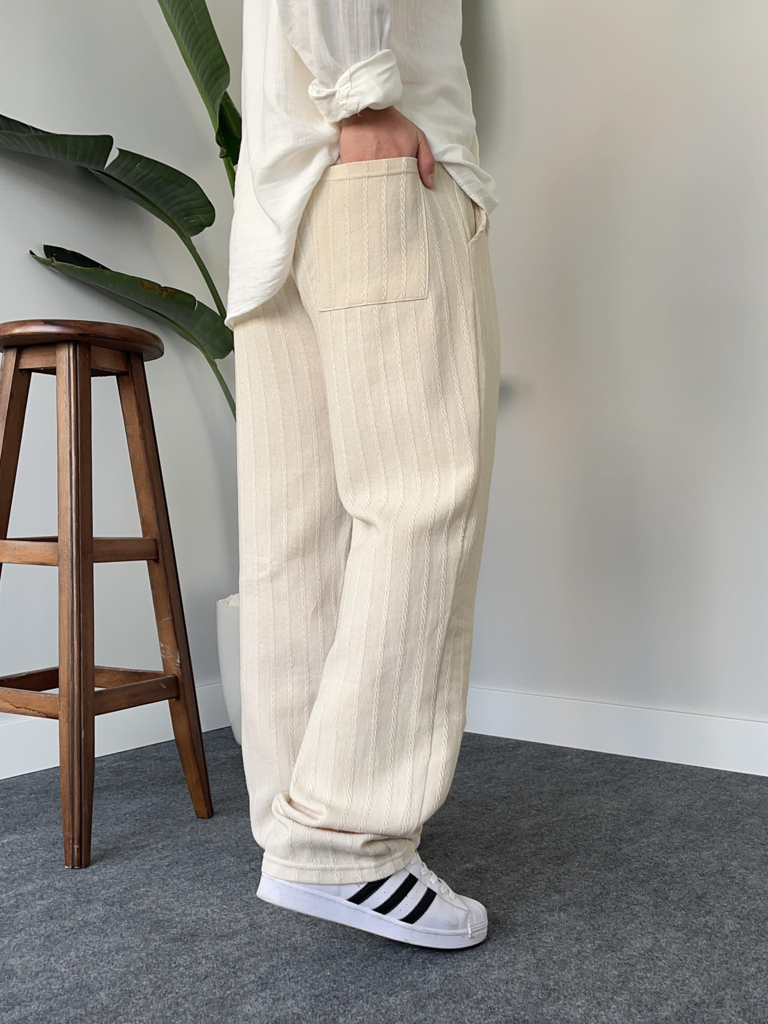 Desenli Krem Baggy Keten Pantolon