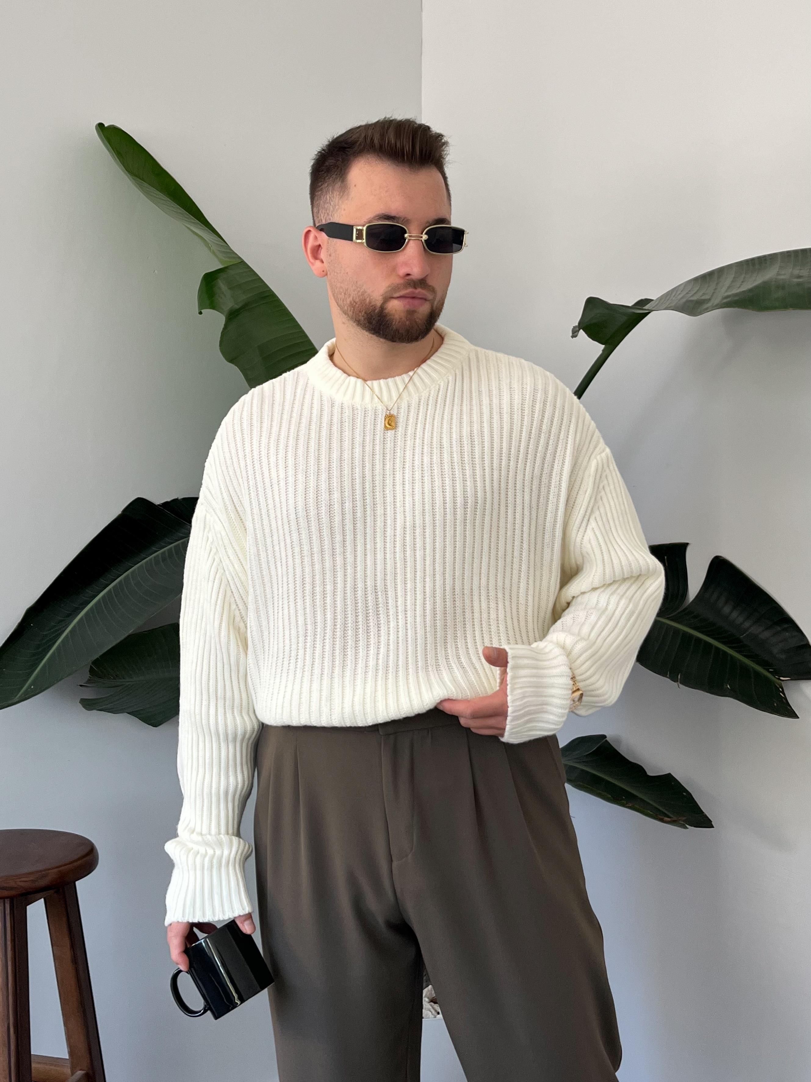 Ekru Extra Dolgulu Oversize Örgü Kazak