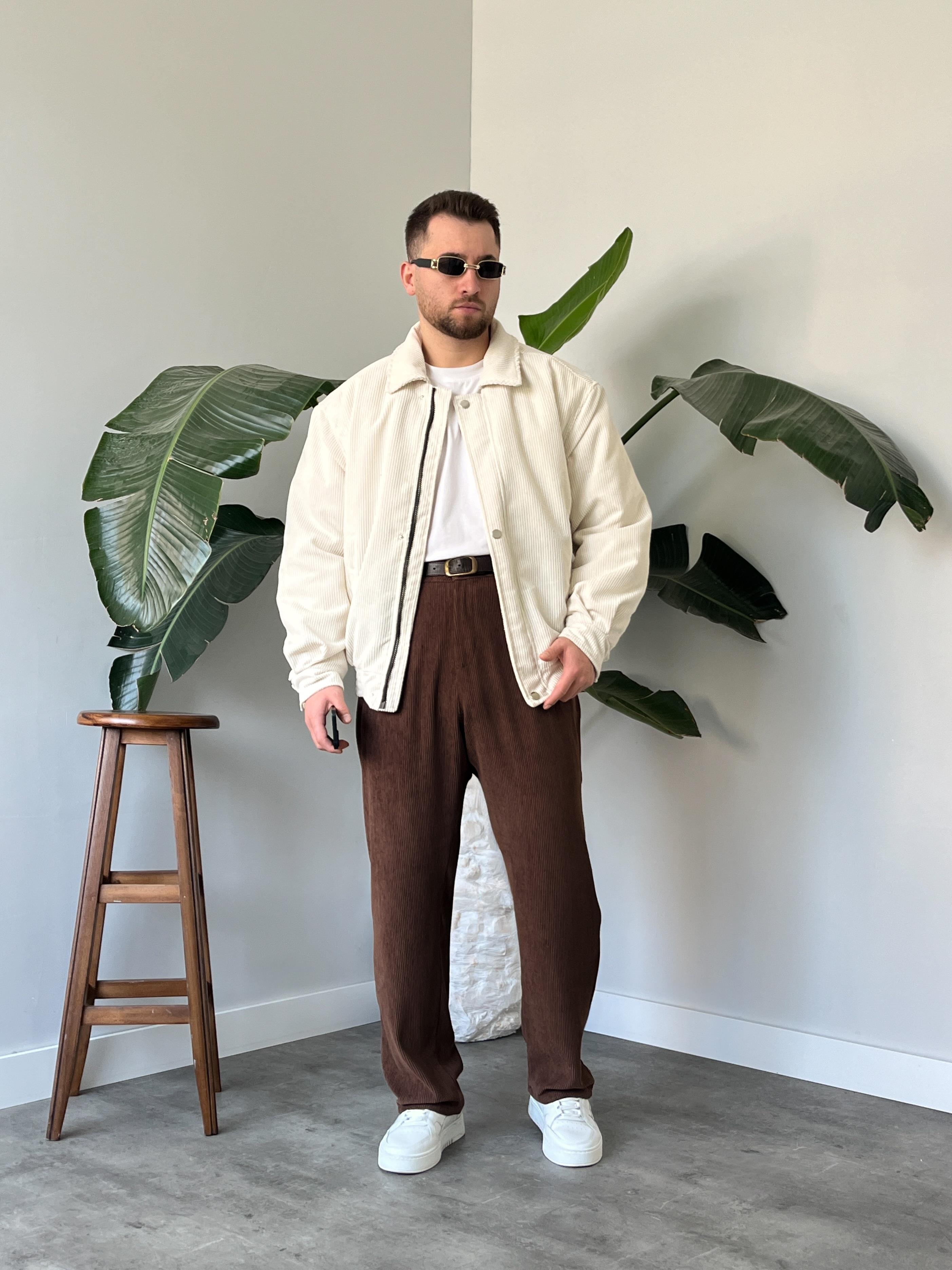 Ekru Fitilli Kadife Bomber Mont