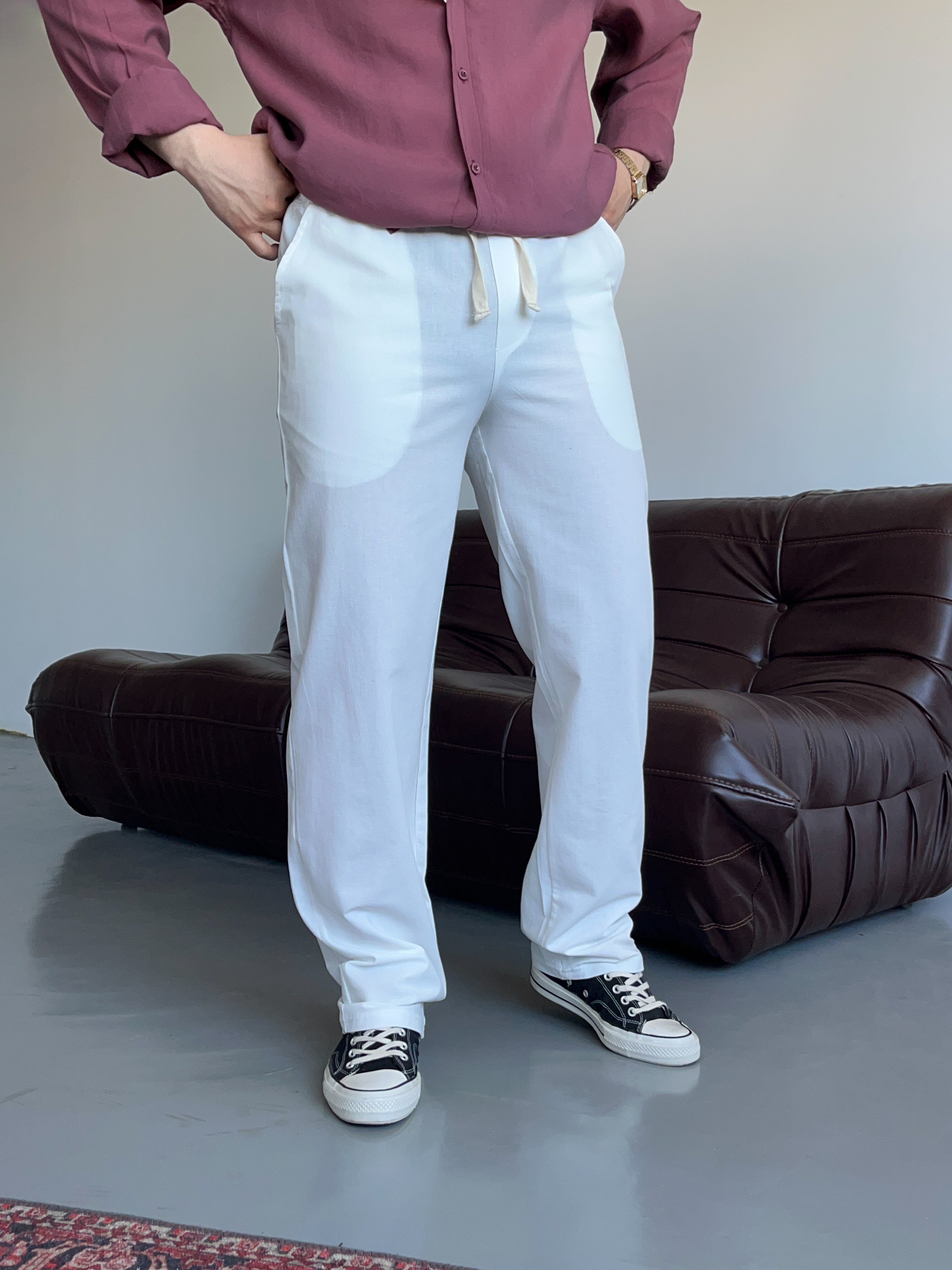 Ekru Lizalı Pamuk Keten Baggy Pantolon
