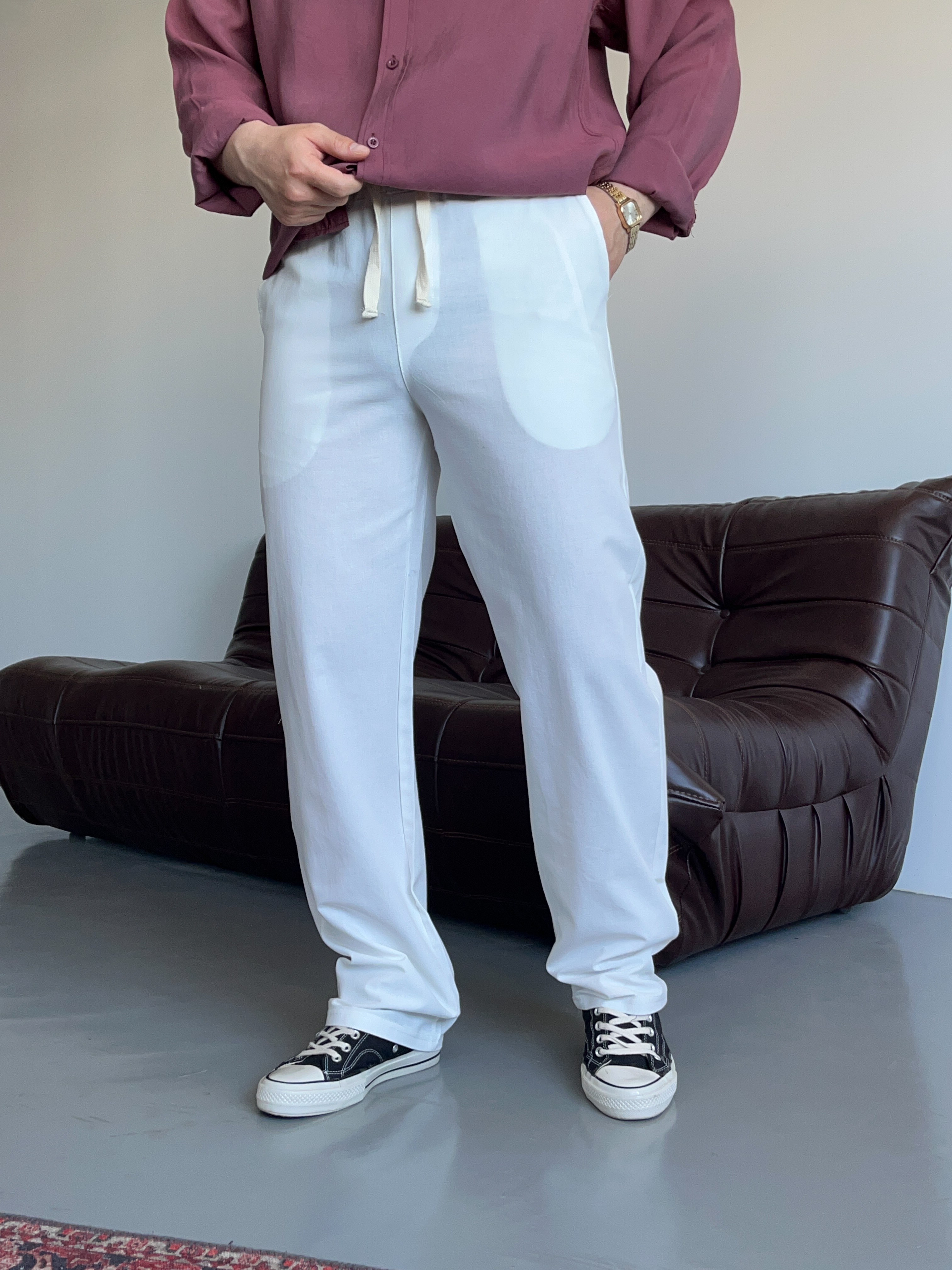 Ekru Lizalı Pamuk Keten Baggy Pantolon