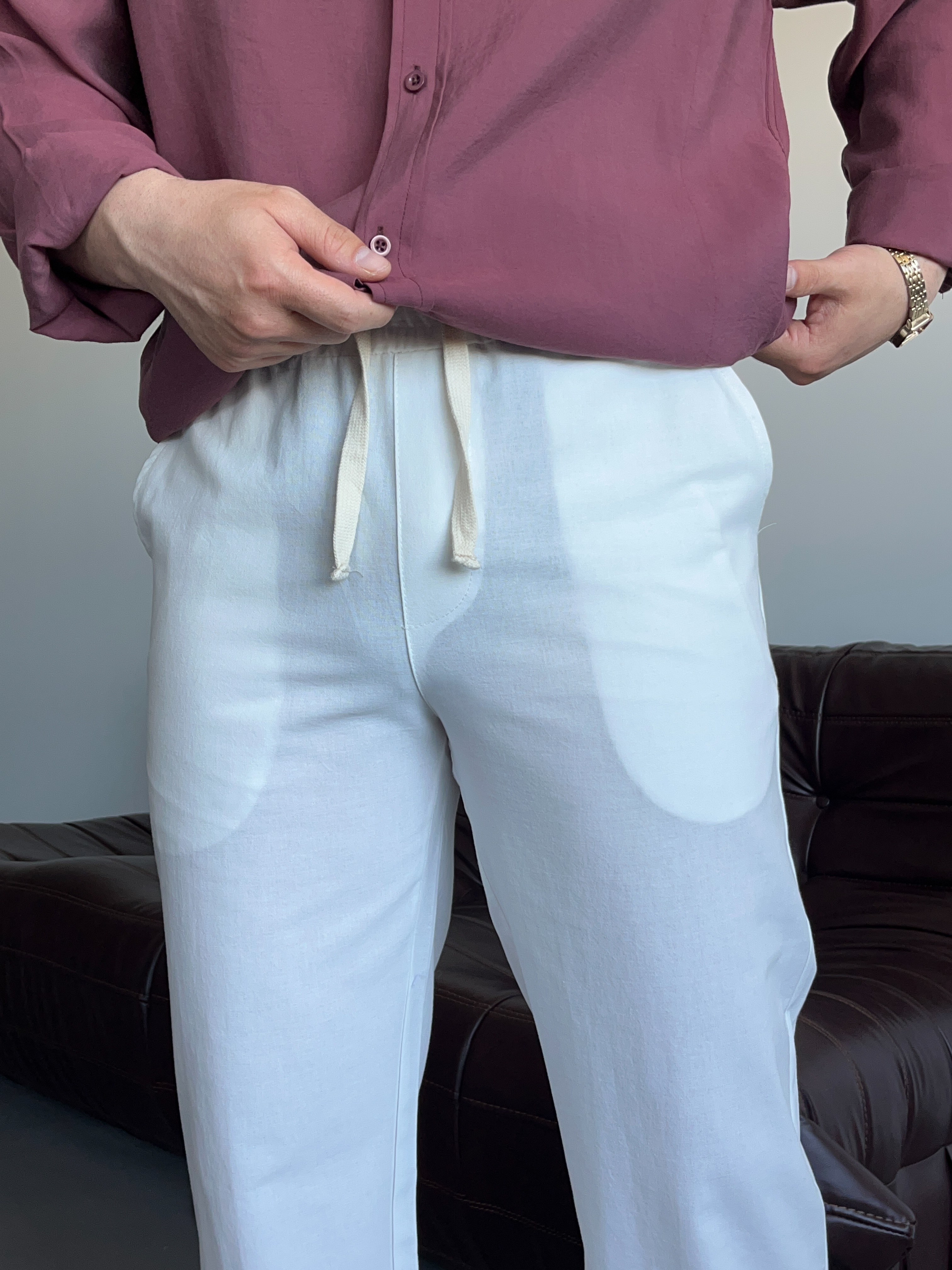 Ekru Lizalı Pamuk Keten Baggy Pantolon