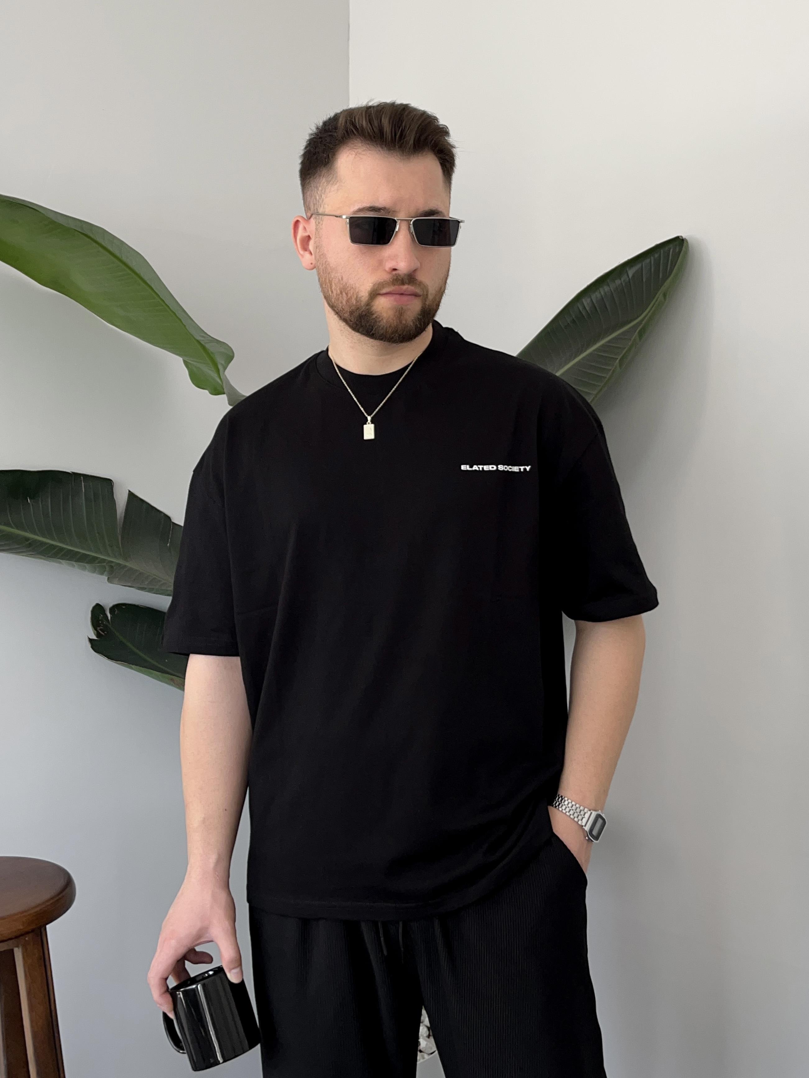 Elated Society Baskılı Siyah Oversize T-shirt