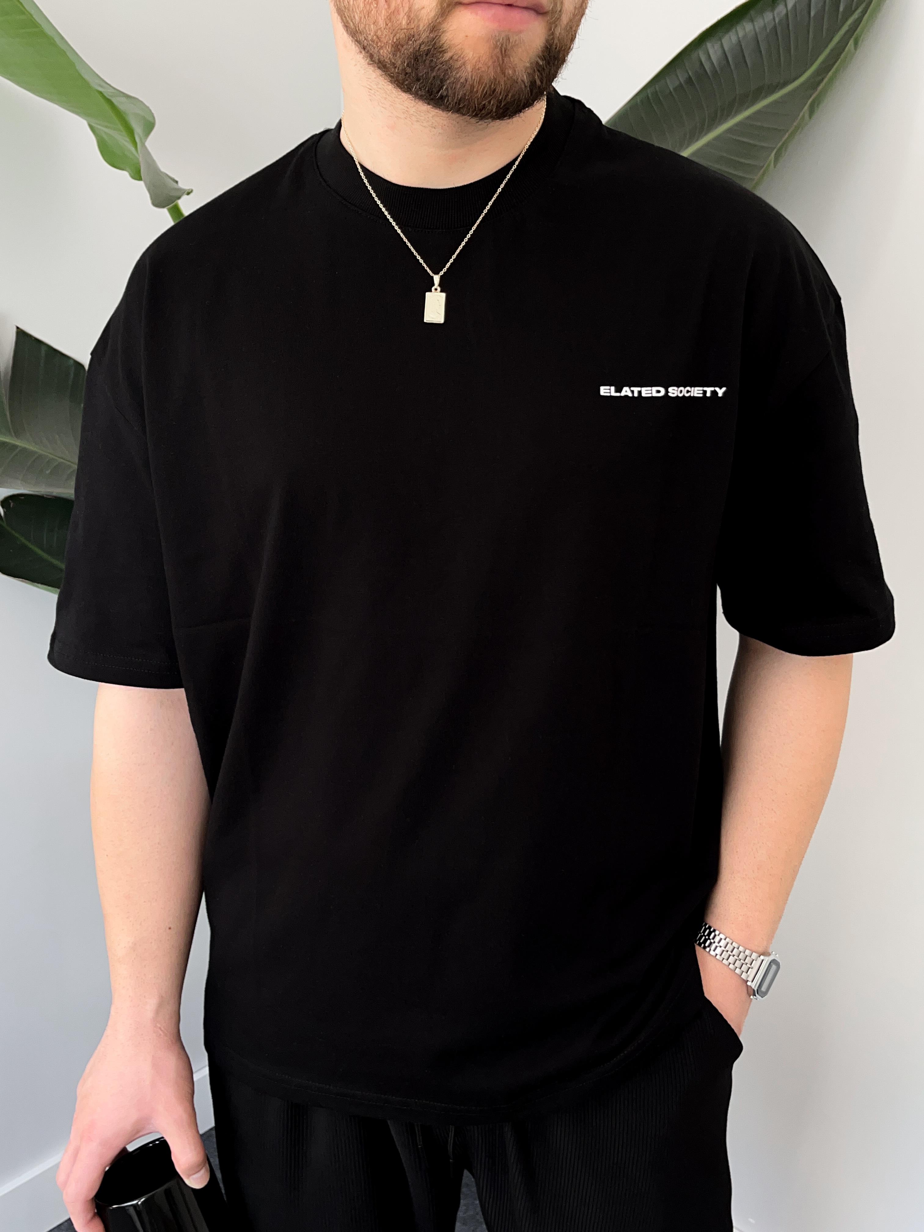 Elated Society Baskılı Siyah Oversize T-shirt