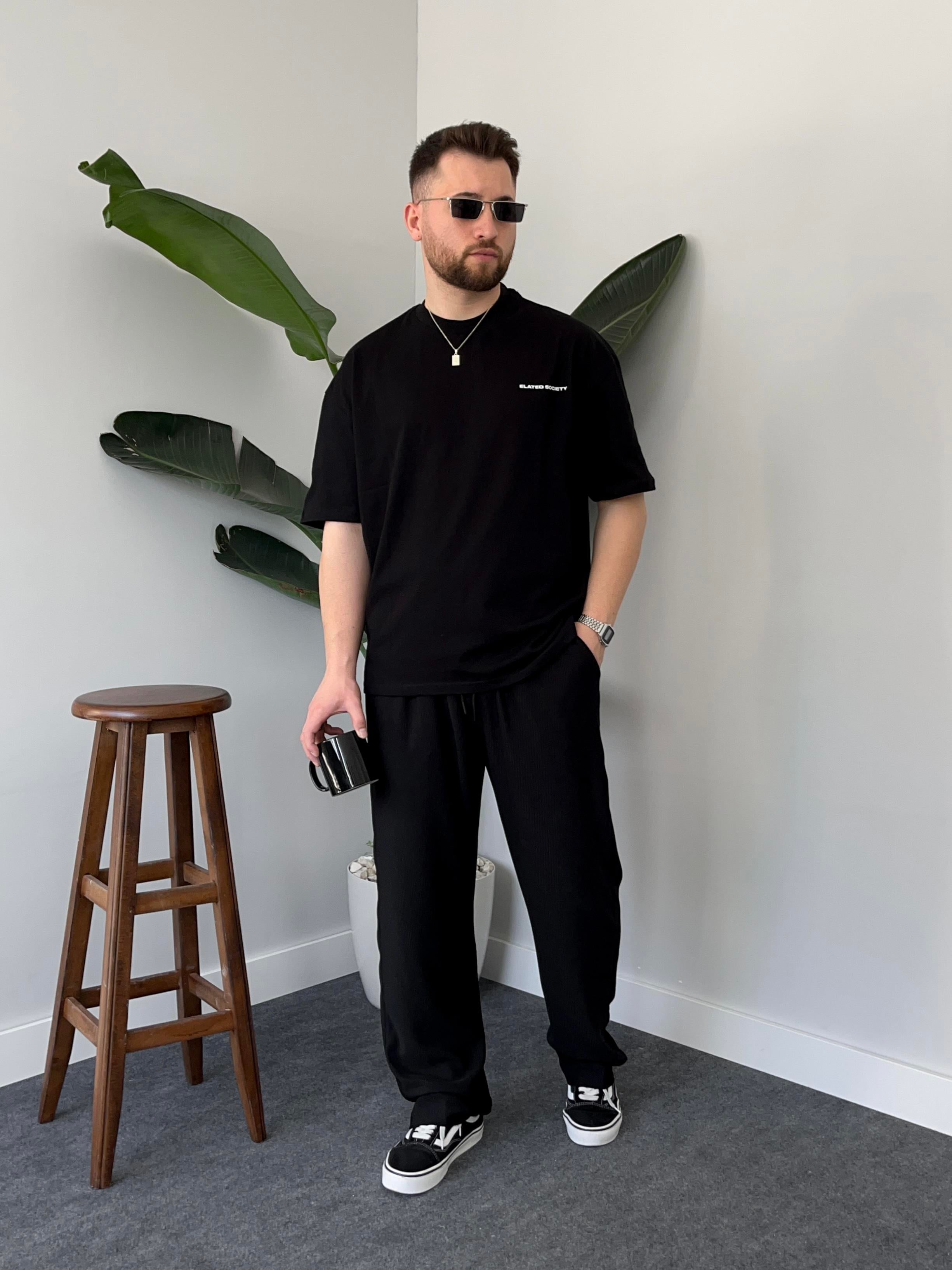 Elated Society Baskılı Siyah Oversize T-shirt