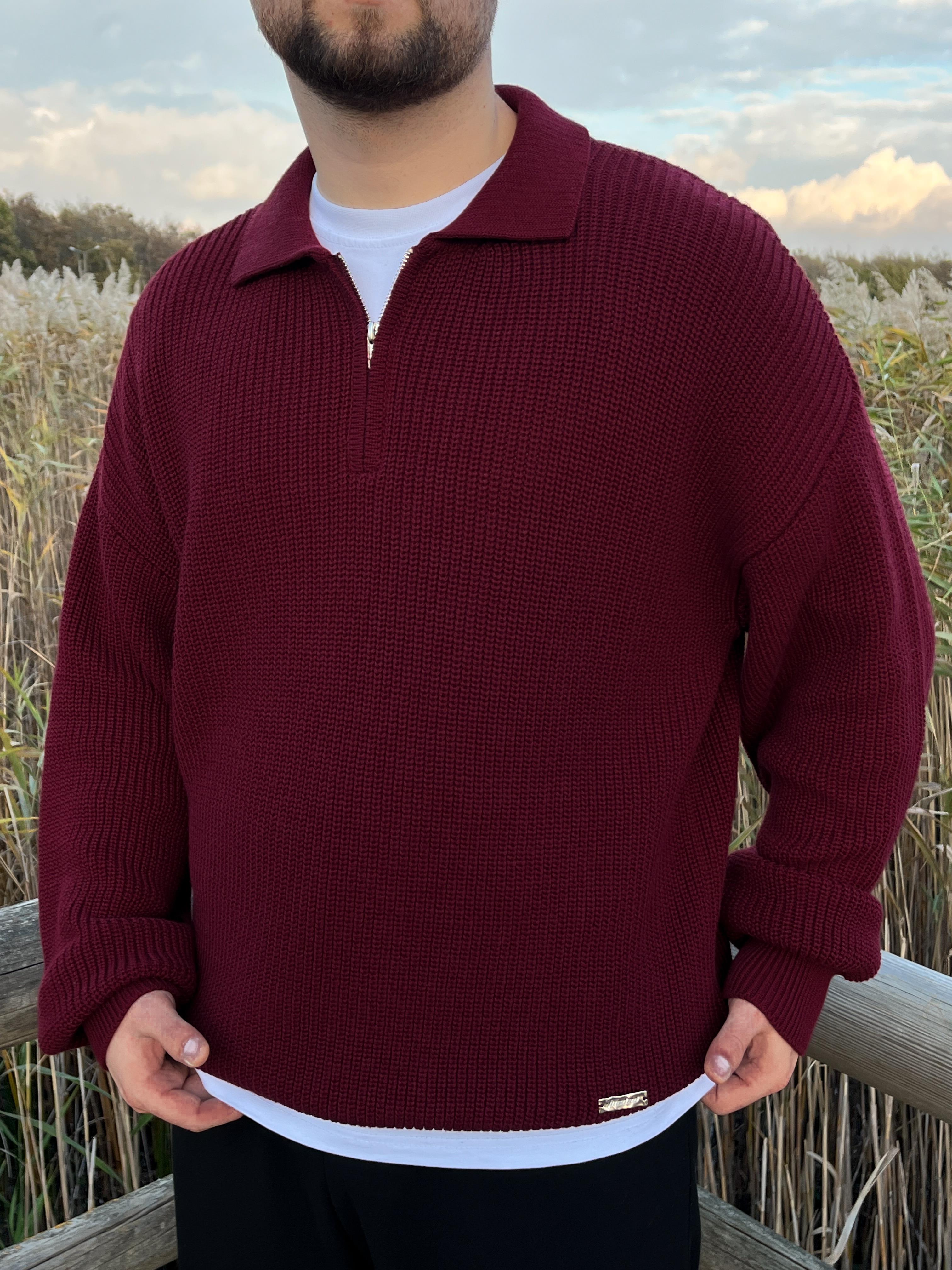Elite Bordo Zip Polo Oversize Örgü Kazak