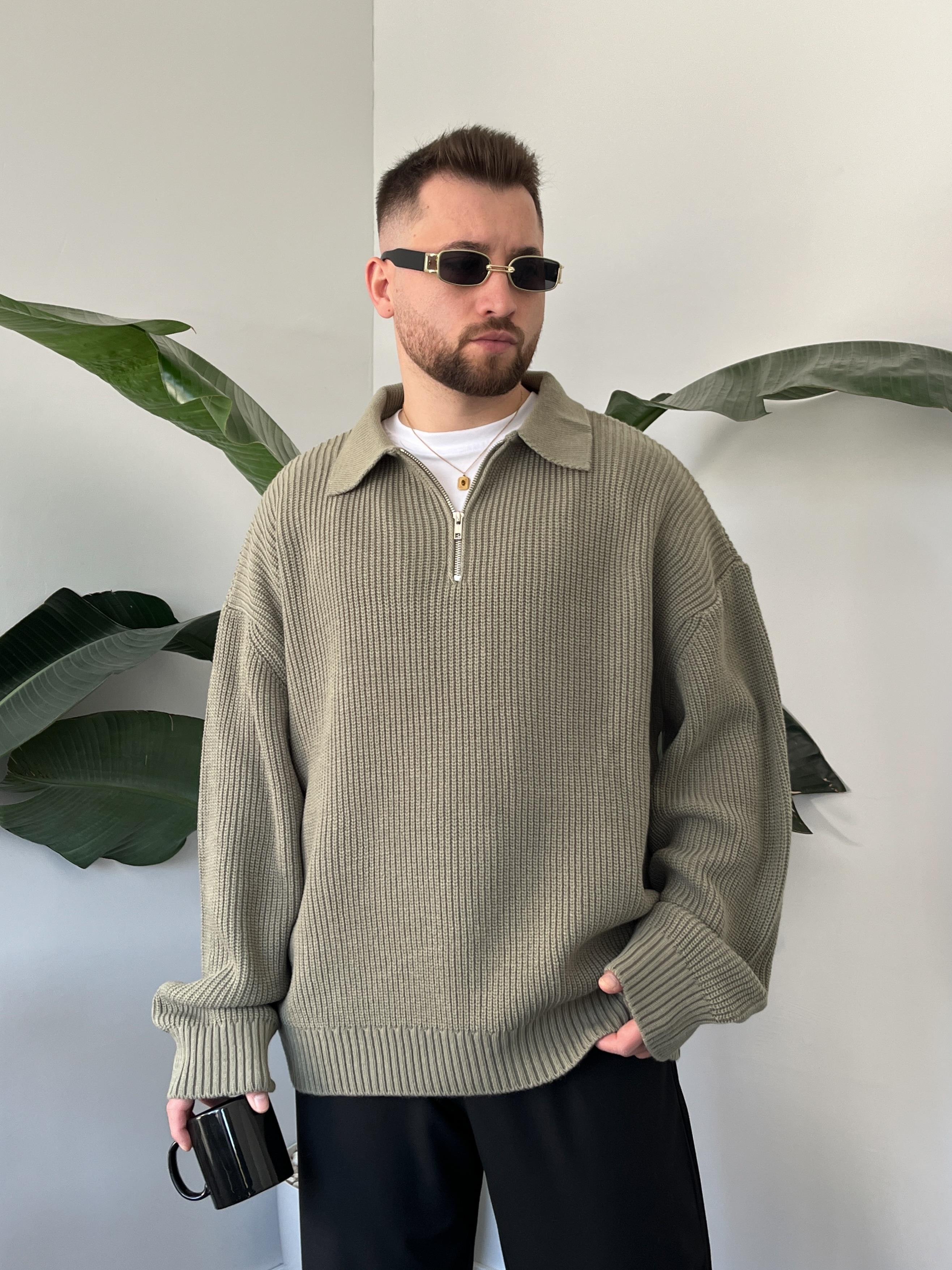 Elite Çağla Zip Polo Oversize Örgü Kazak
