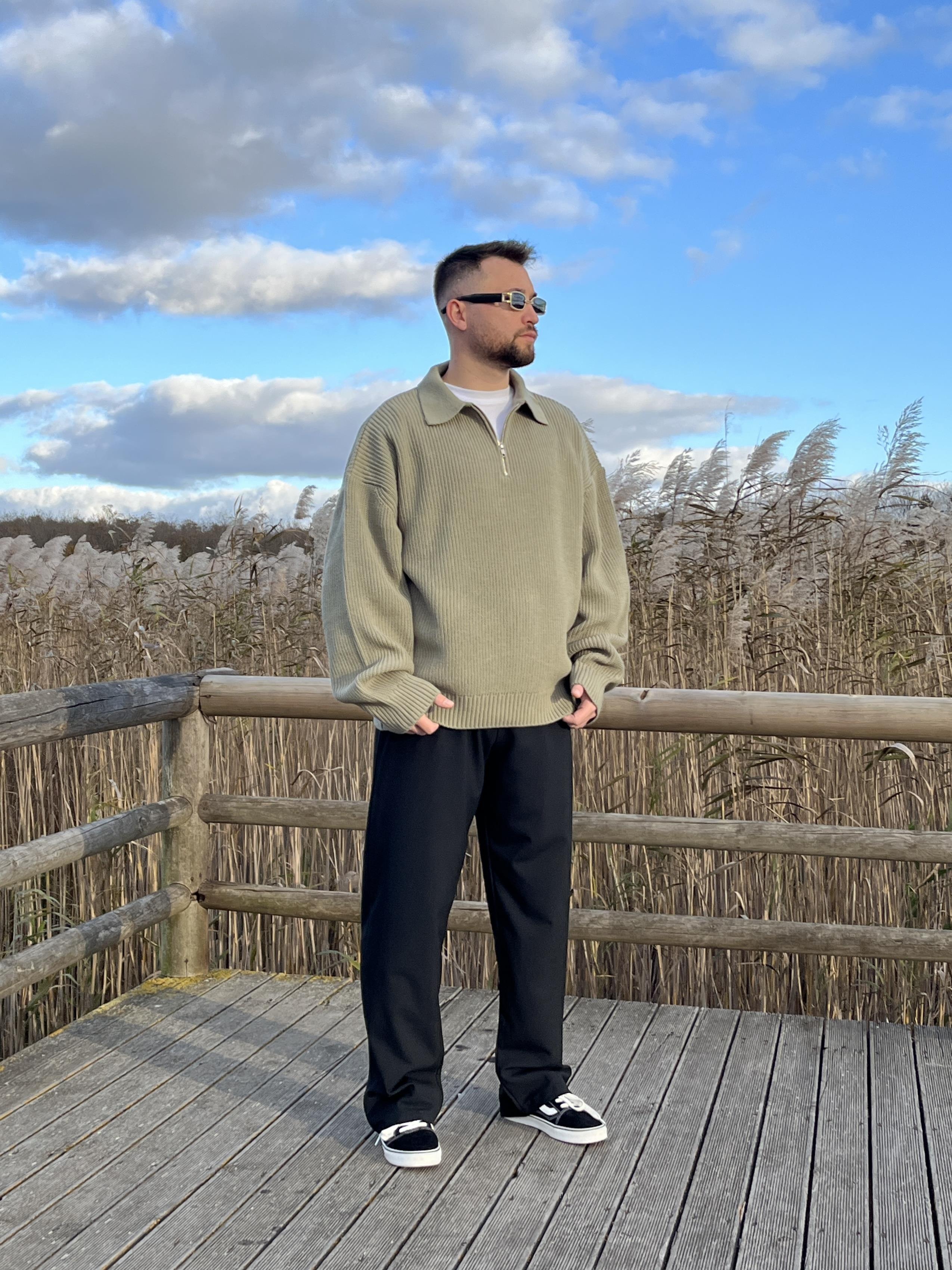 Elite Çağla Zip Polo Oversize Örgü Kazak