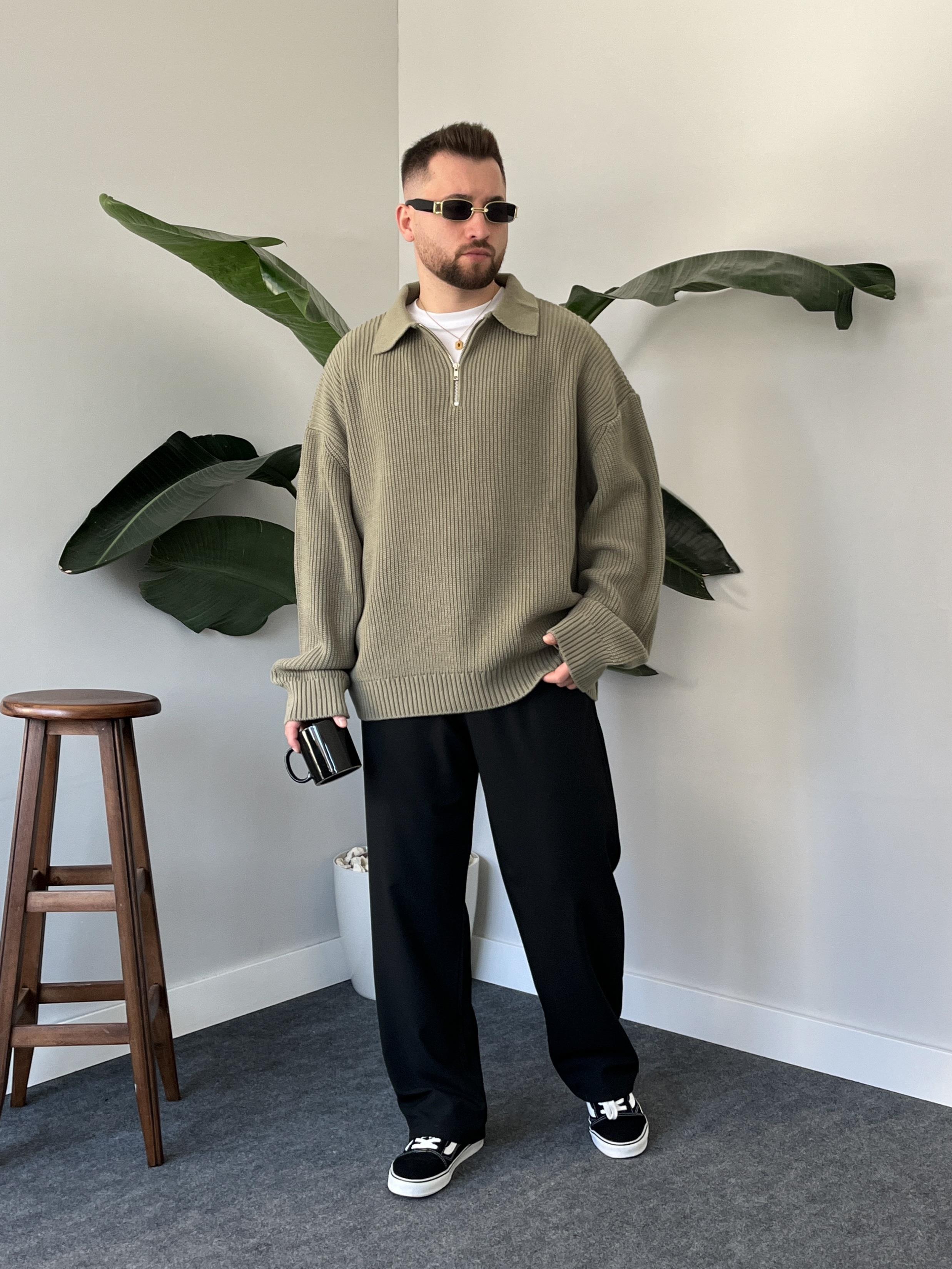 Elite Çağla Zip Polo Oversize Örgü Kazak