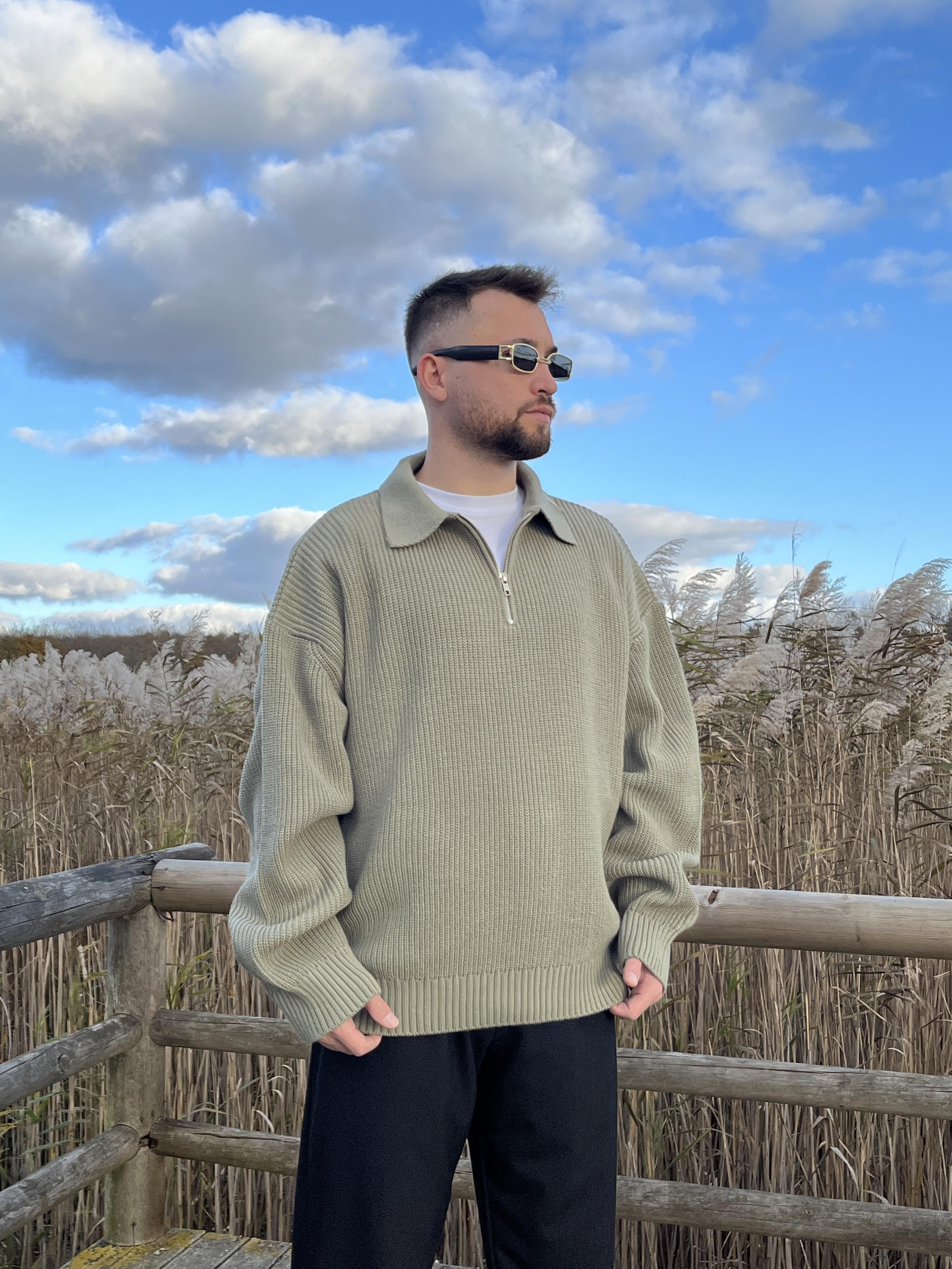 Elite Çağla Zip Polo Oversize Örgü Kazak