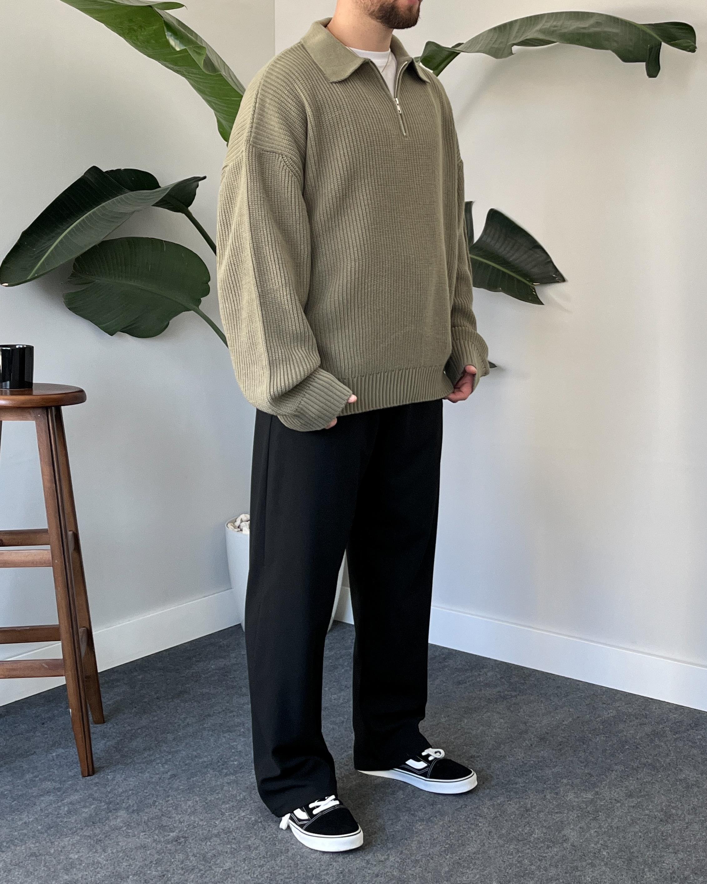 Elite Çağla Zip Polo Oversize Örgü Kazak