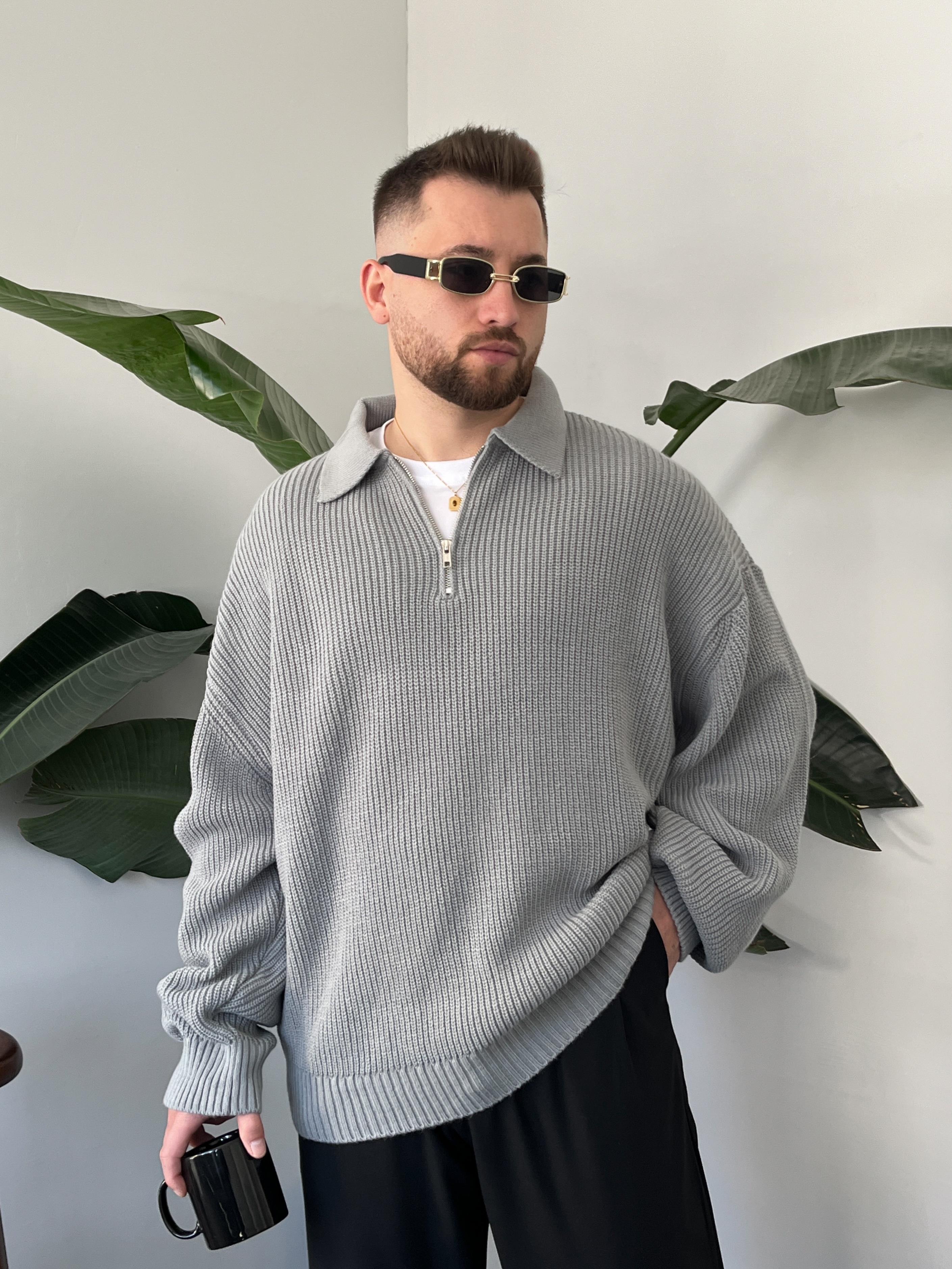 Elite Gri Zip Polo Oversize Örgü Kazak