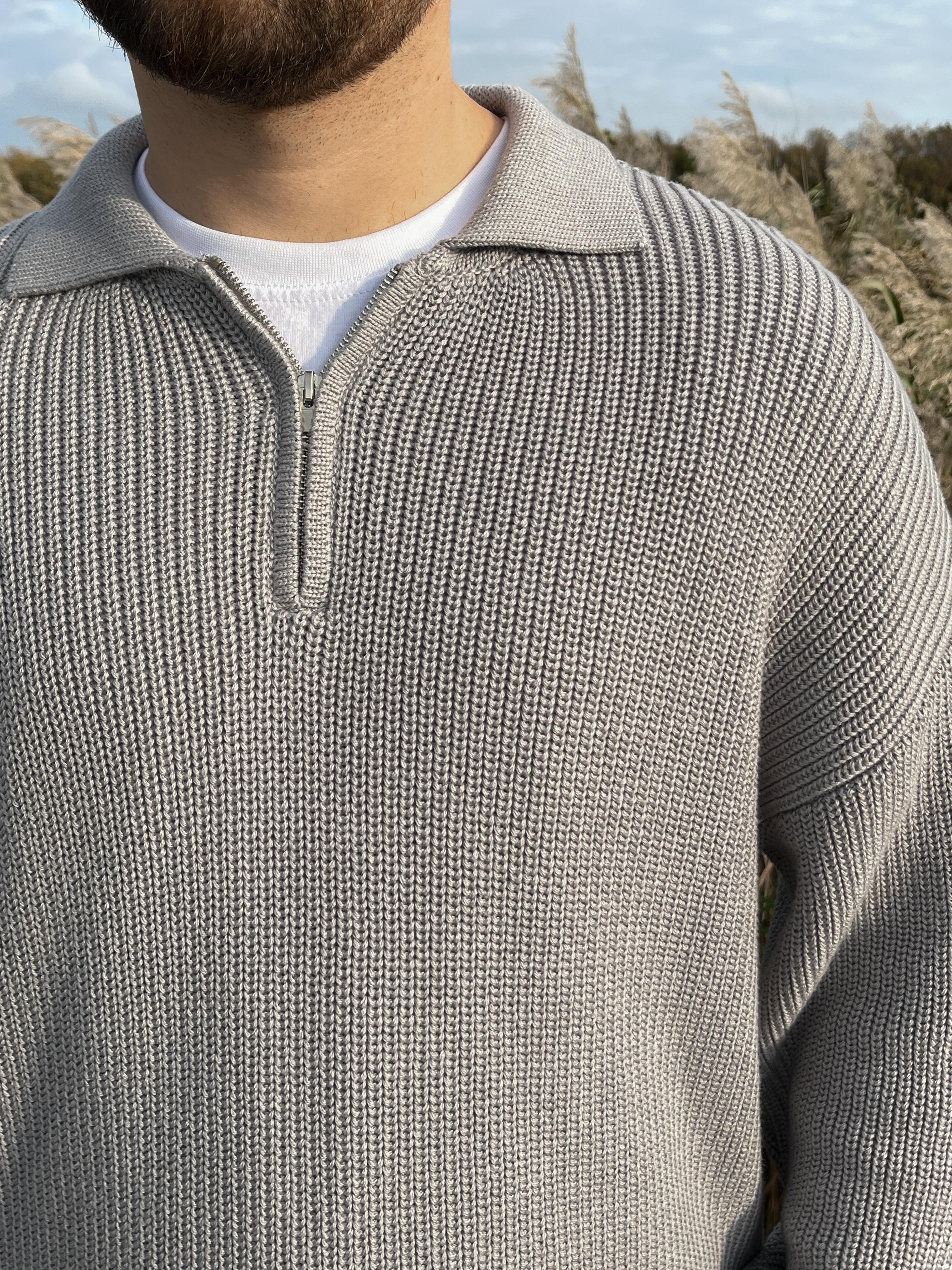 Elite Gri Zip Polo Oversize Örgü Kazak