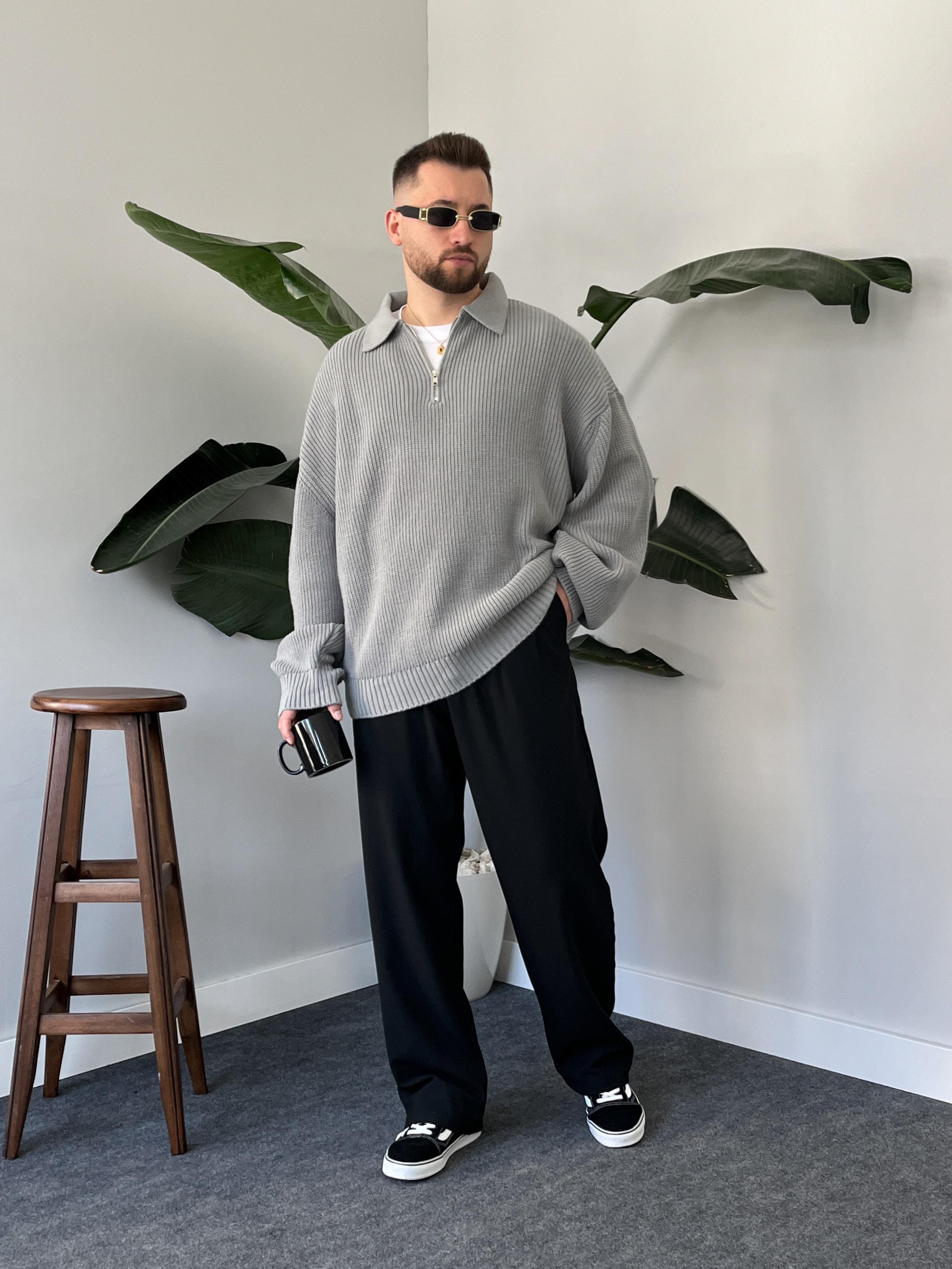 Elite Gri Zip Polo Oversize Örgü Kazak