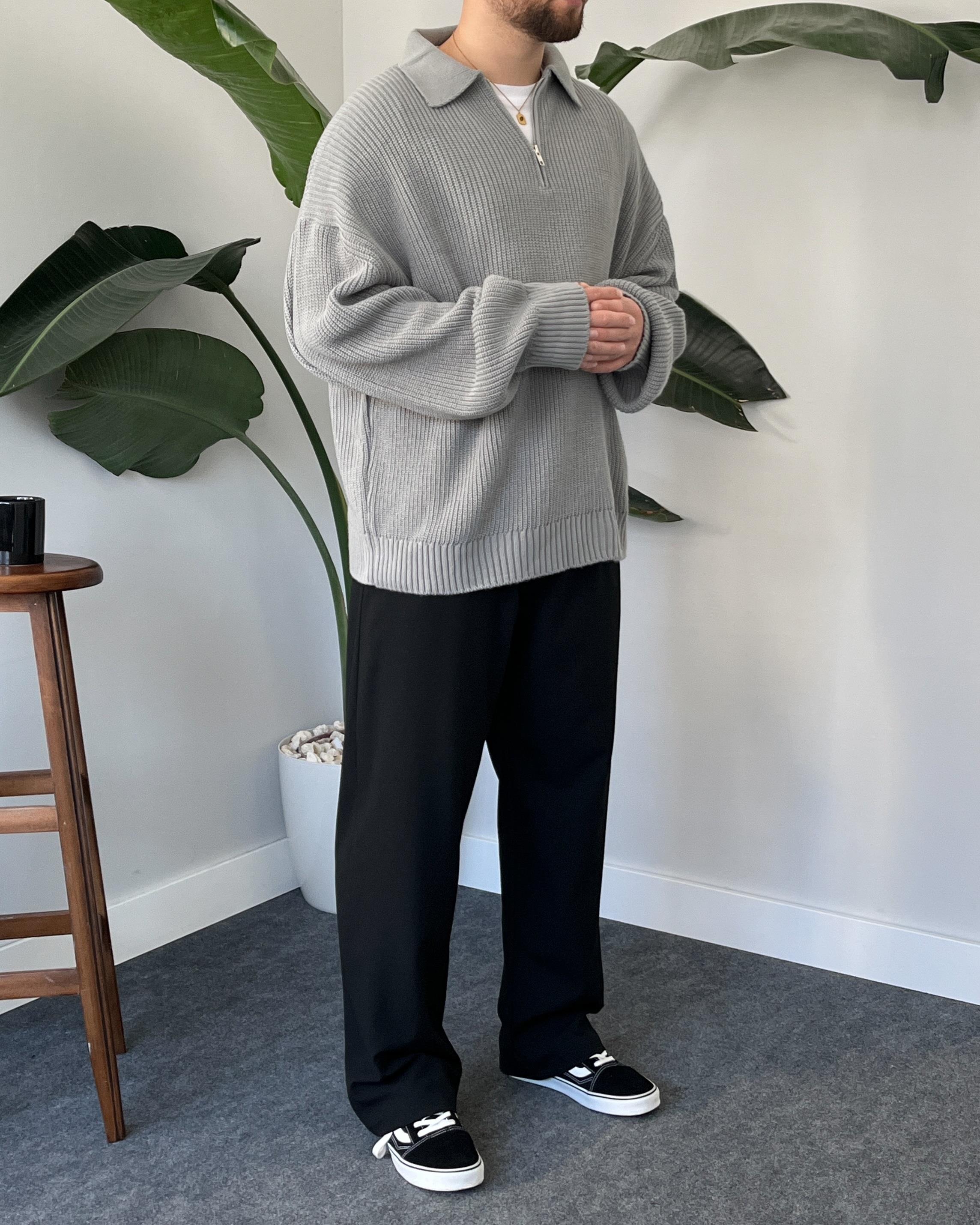 Elite Gri Zip Polo Oversize Örgü Kazak